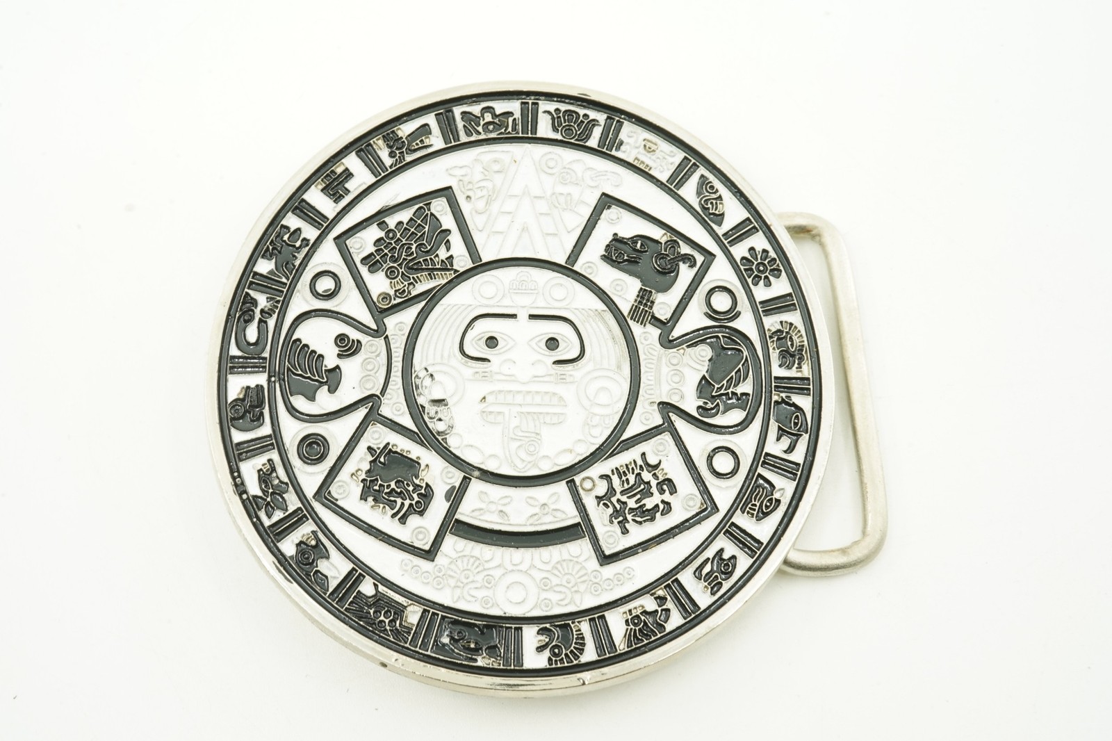 Aztec Mayan Calendar Black/White Round Metal Fashion Belt Buckle