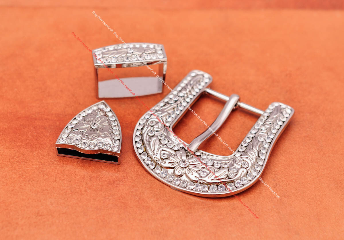 30mm Bling Silver Men Western Rhinestone Crystal Cowboy 3 Piece Set Belt Buckle