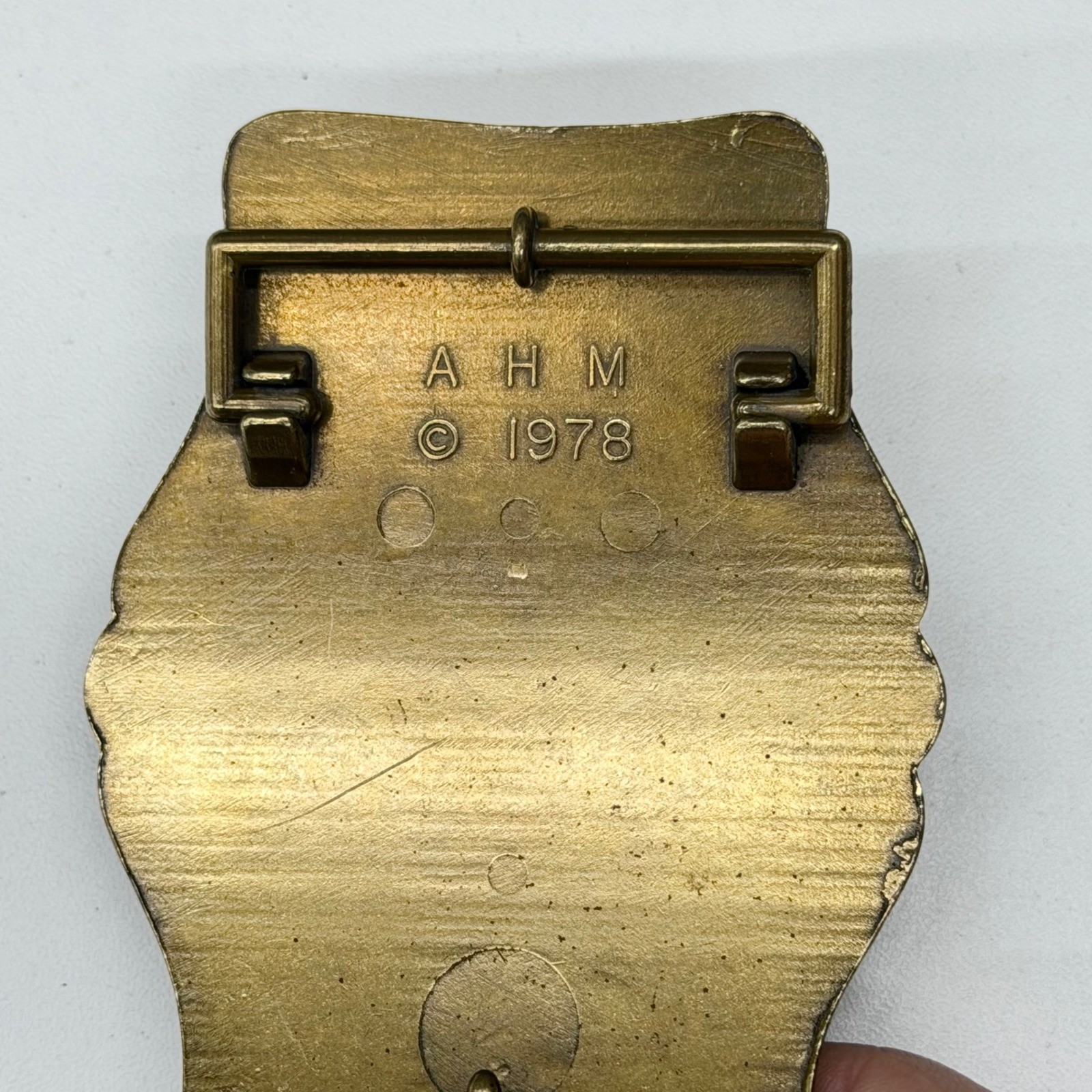 Vtg 1978 AHM Collie Dog Brass Belt Buckle Enamel 3D Relief Animal Collectible