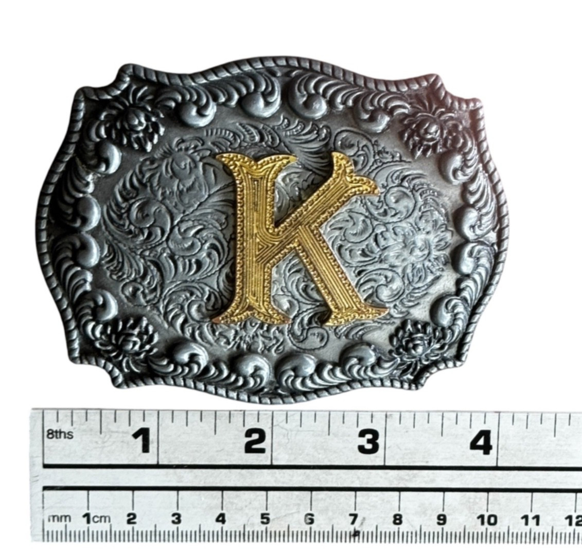 Vintage WMG Western Belt Buckle Initial K Cowboy Rodeo Floral Scroll Rope Edge