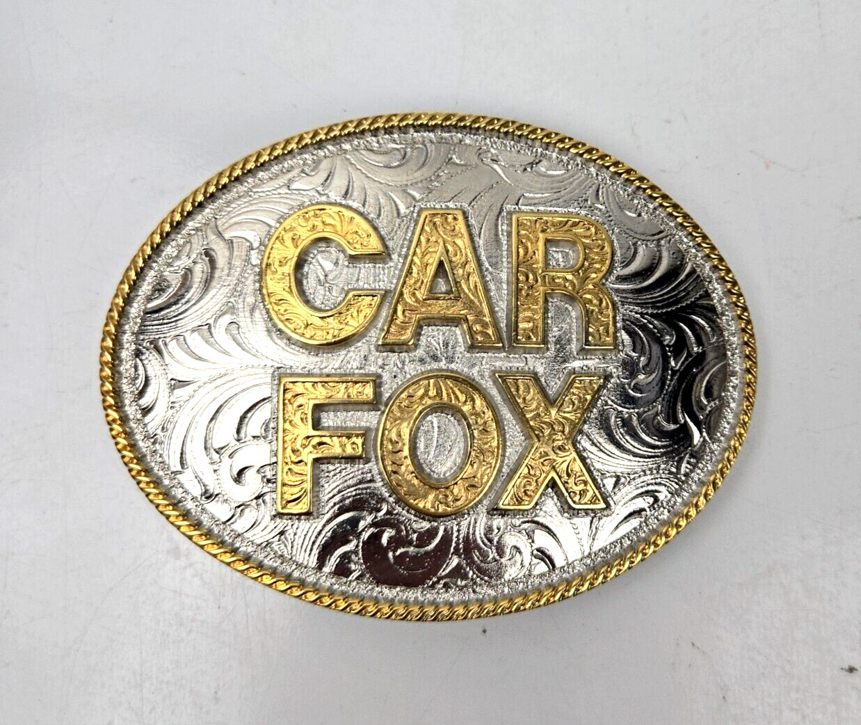 Montana Silversmiths Belt Buckle Car Fox Custom Oval Engraved Filigree Design 4&Prime;