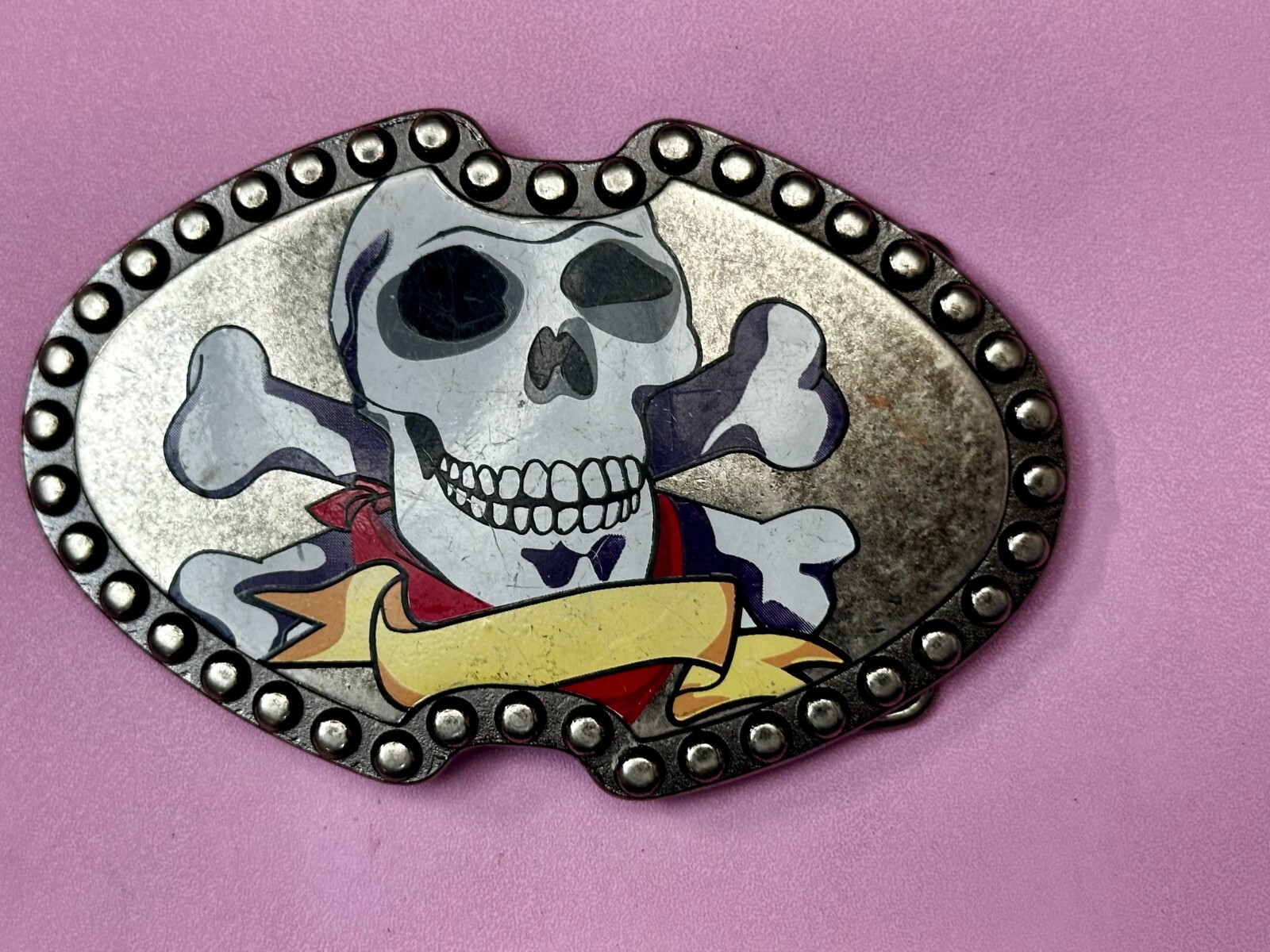 Smiling Skull Head Crossbones Ribbon Picture On Studded Unique Belt Buckle