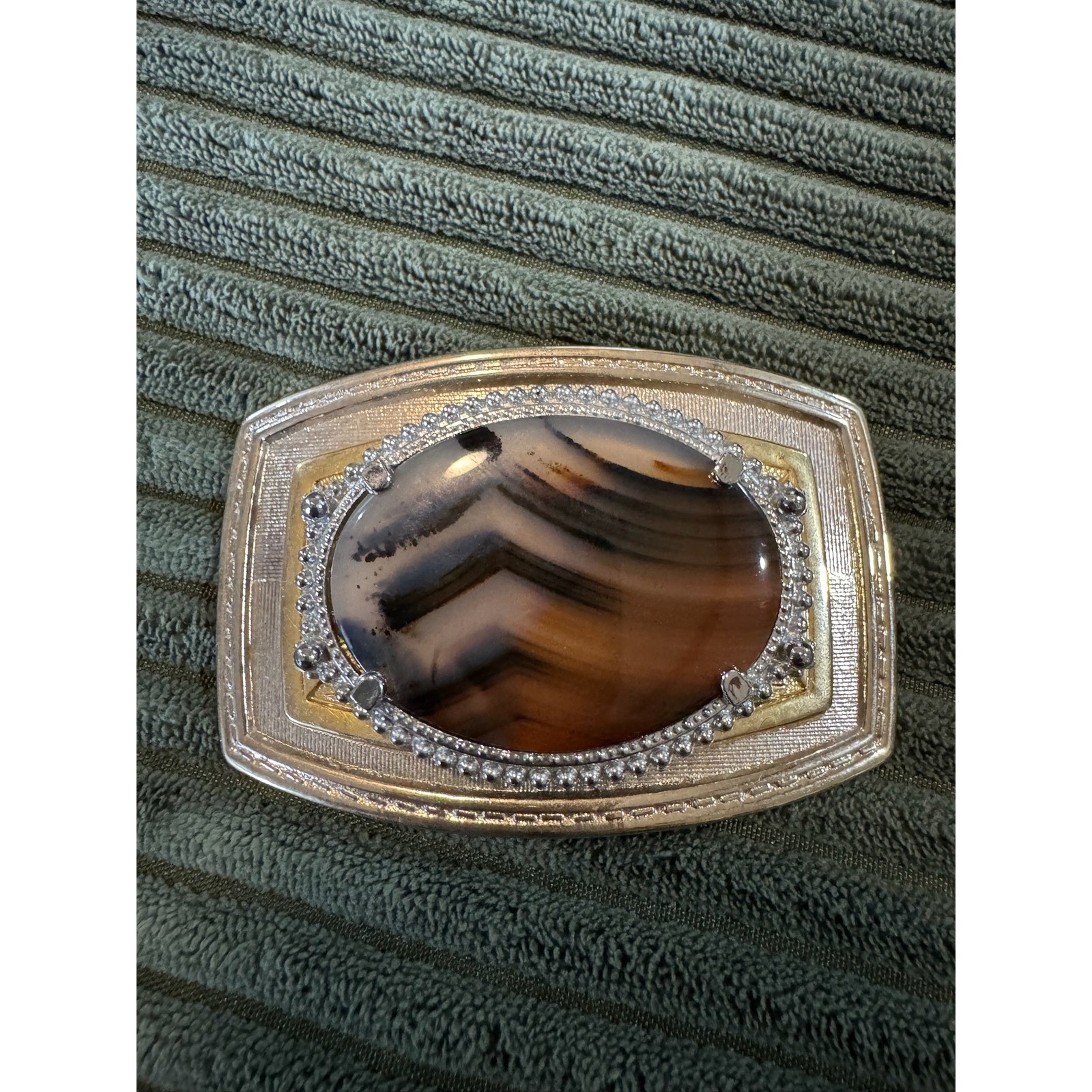 Vintage Agate Stone Belt Buckle Silver Gold Tone Mens Western Accessory