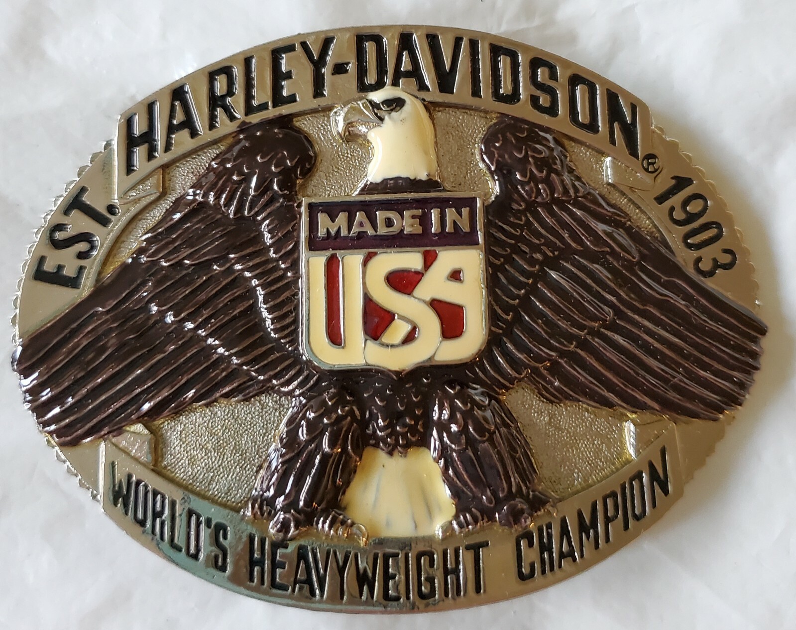New Vtg. Harley Davidson Belt Buckle Raintree – Heavyweight Champ