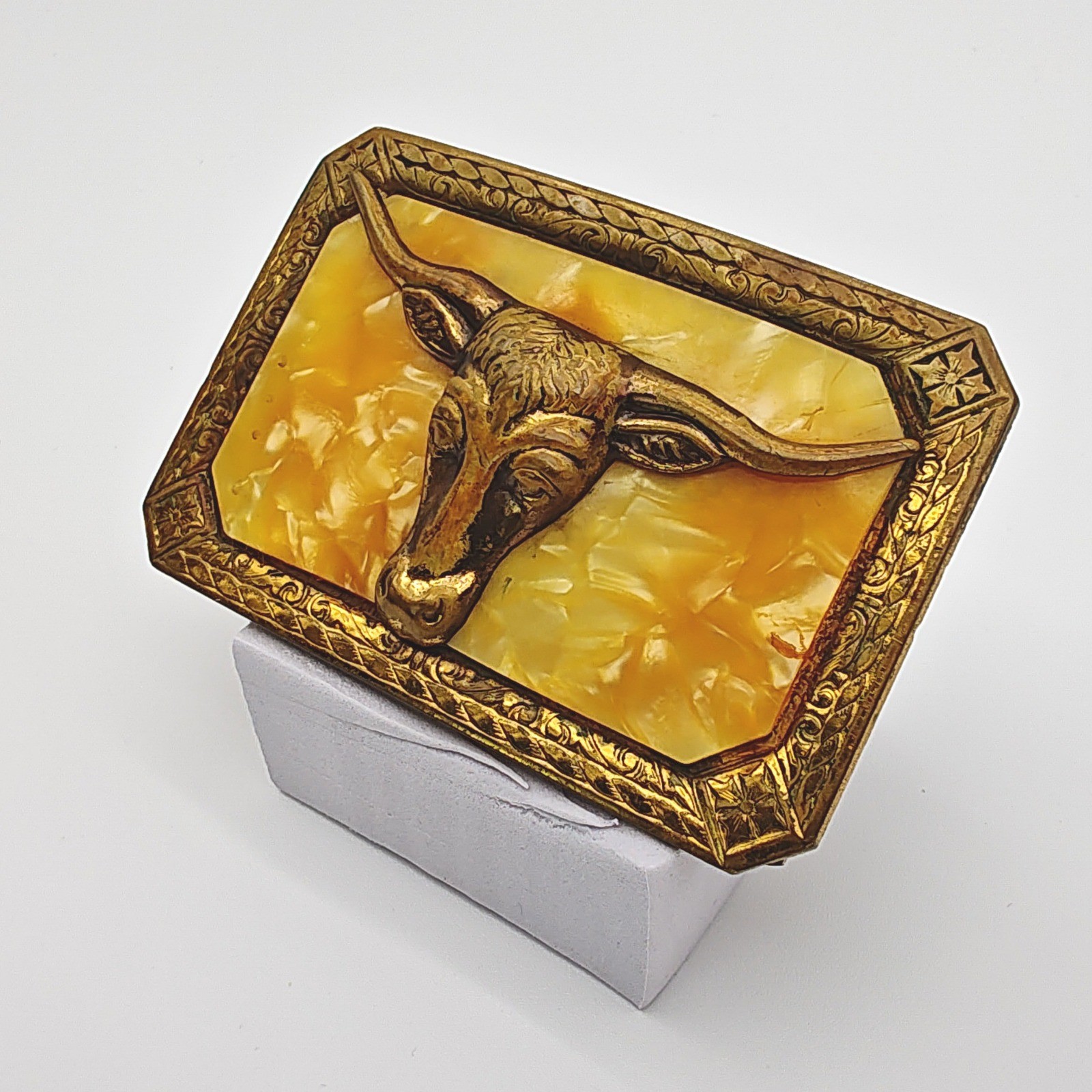 Vintage Western Longhorn Steer Belt Buckle Gold Tone Faux Marble Cowboy Rodeo