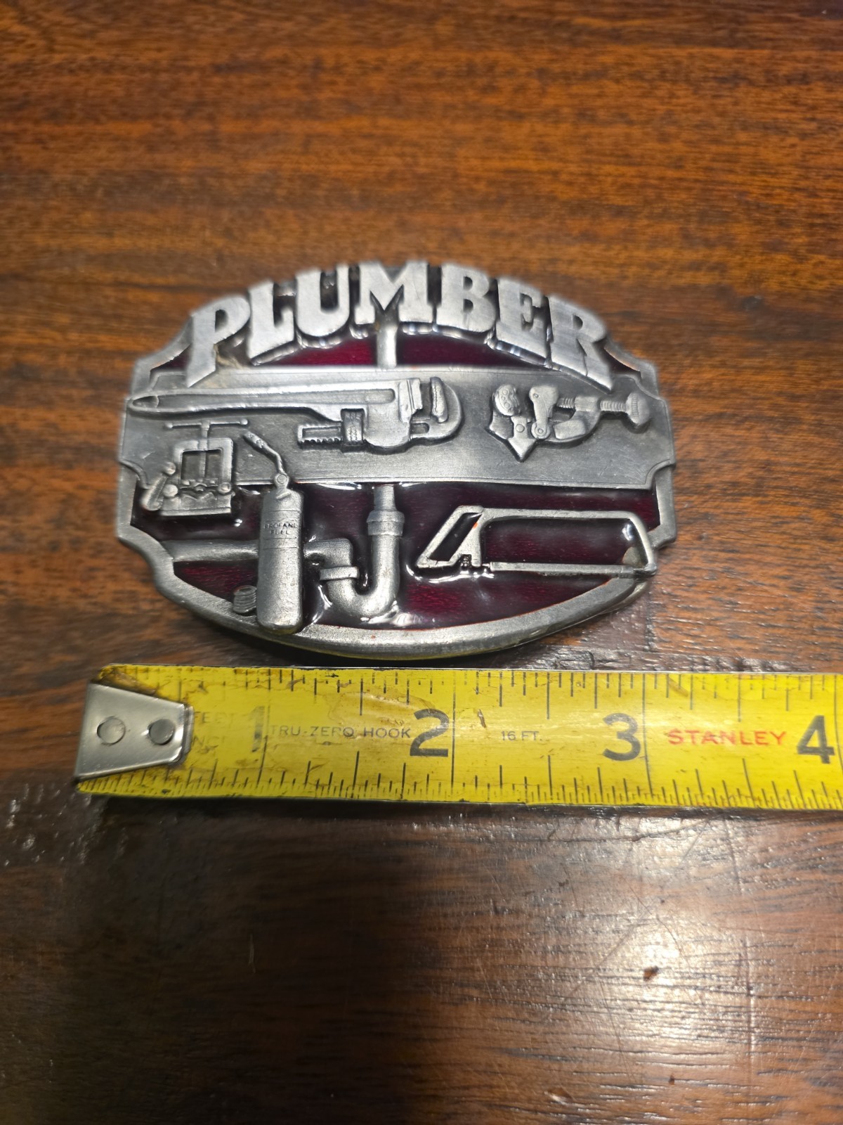 Plumber Belt Buckle Red Enameled Tools 3D Wrench Plumbing Service