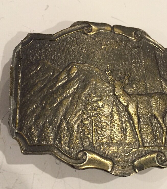 Vintage JAMES LIND Deer in the WOODS Wyoming Studio Art Works BELT BUCKLE brass