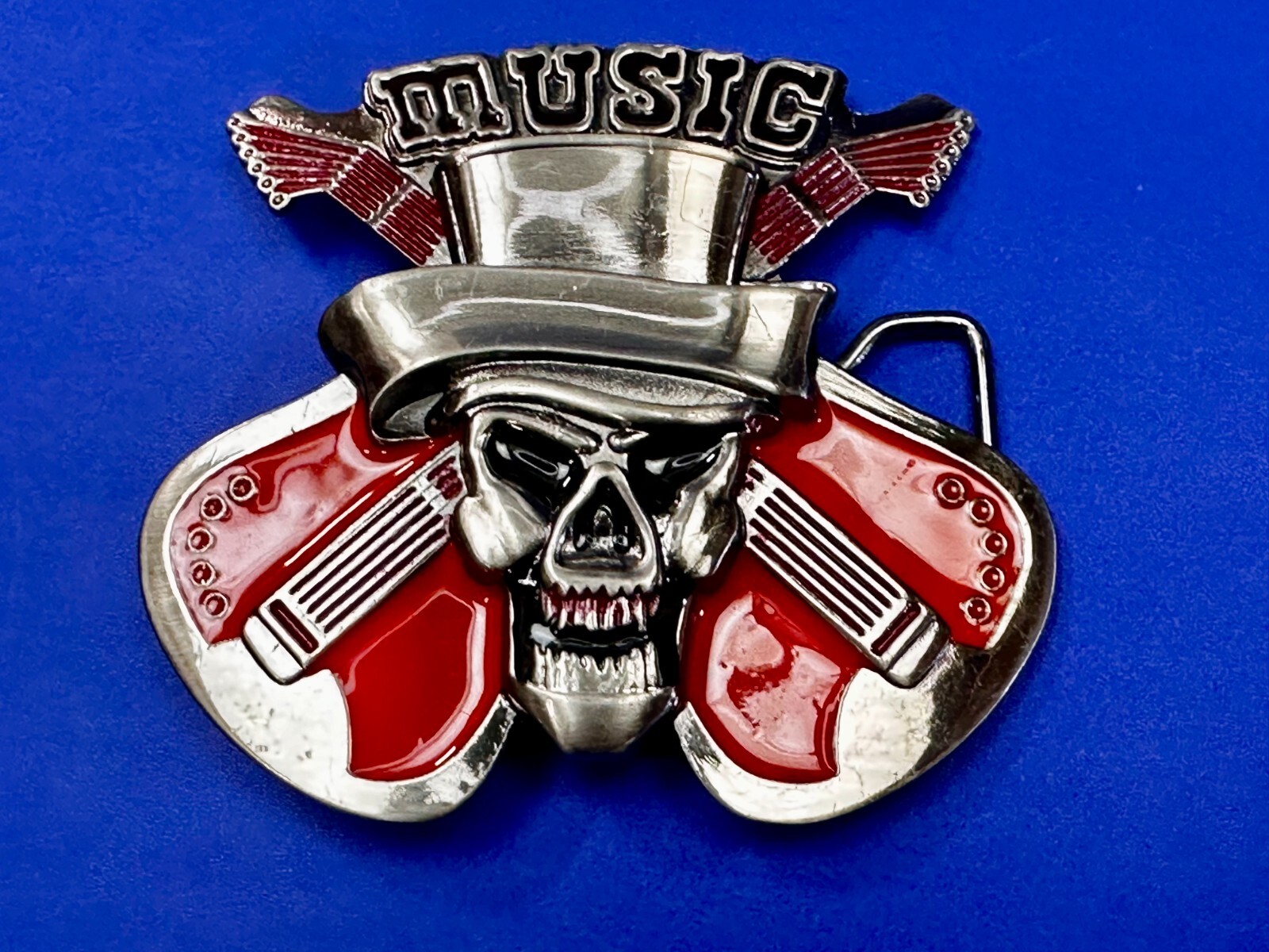 MUSIC Skull in Fedora Hat Crossed Electric Guitars Musician Rockstar Belt Buckle