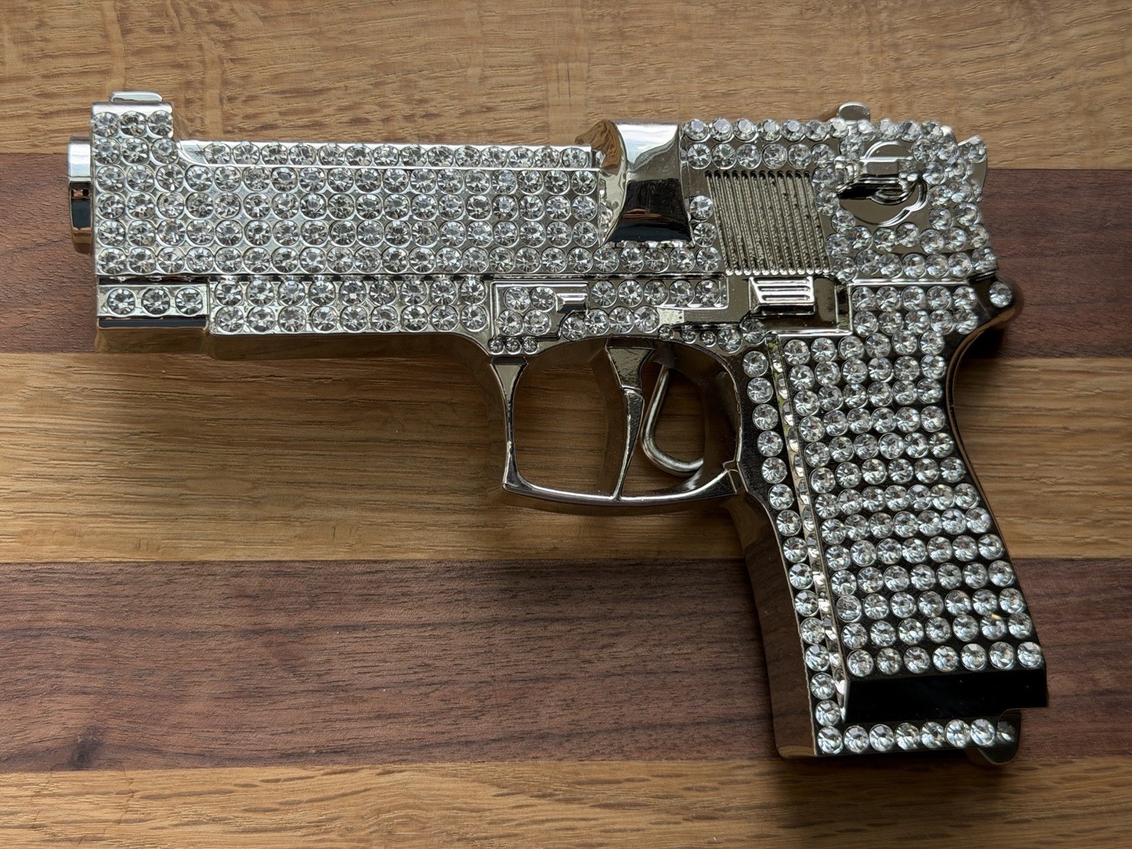 Gun Belt Buckle Iced Style Silver Metal Full of Rhinestones Revolver Pistols Men