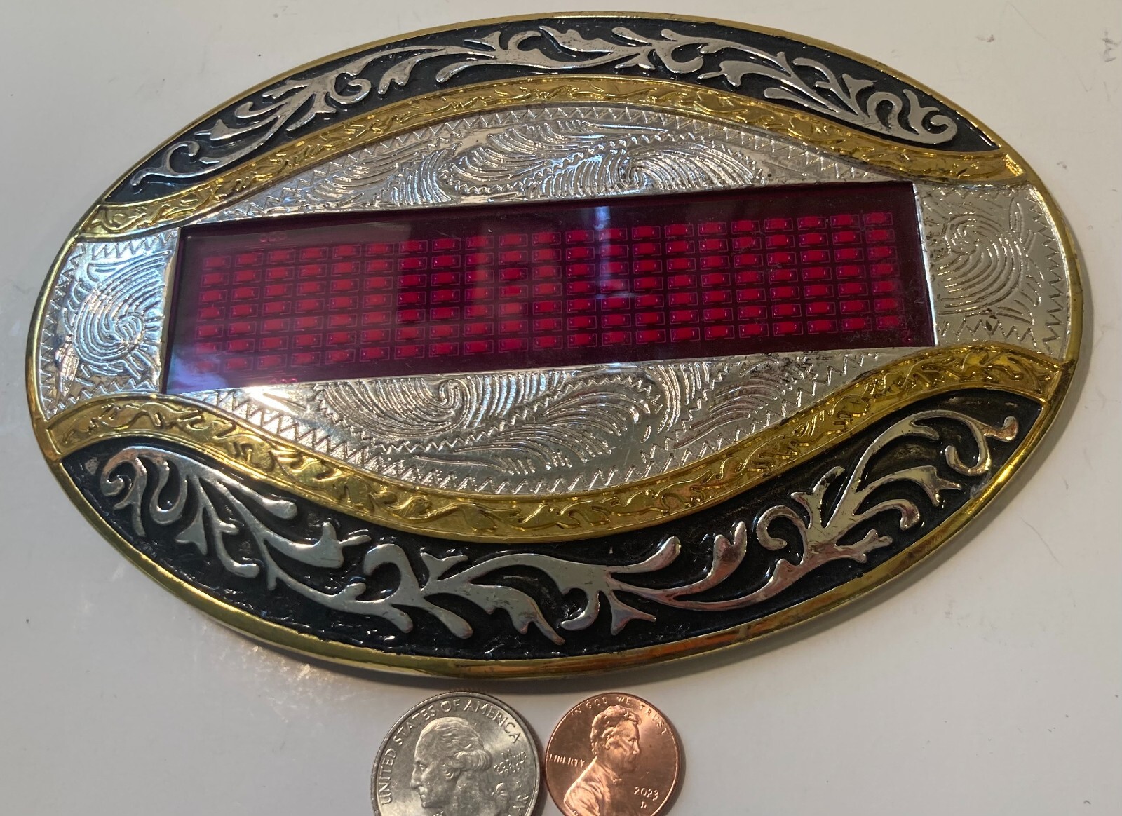 Vintage Metal Belt Buckle, Giant Size, Silver and Brass, Batteries, Nice Western