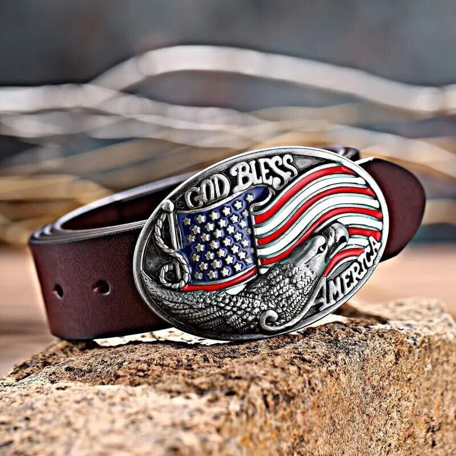Eagle Silvertone Belt Buckle • « God Bless America » •Red White Blue American Flag