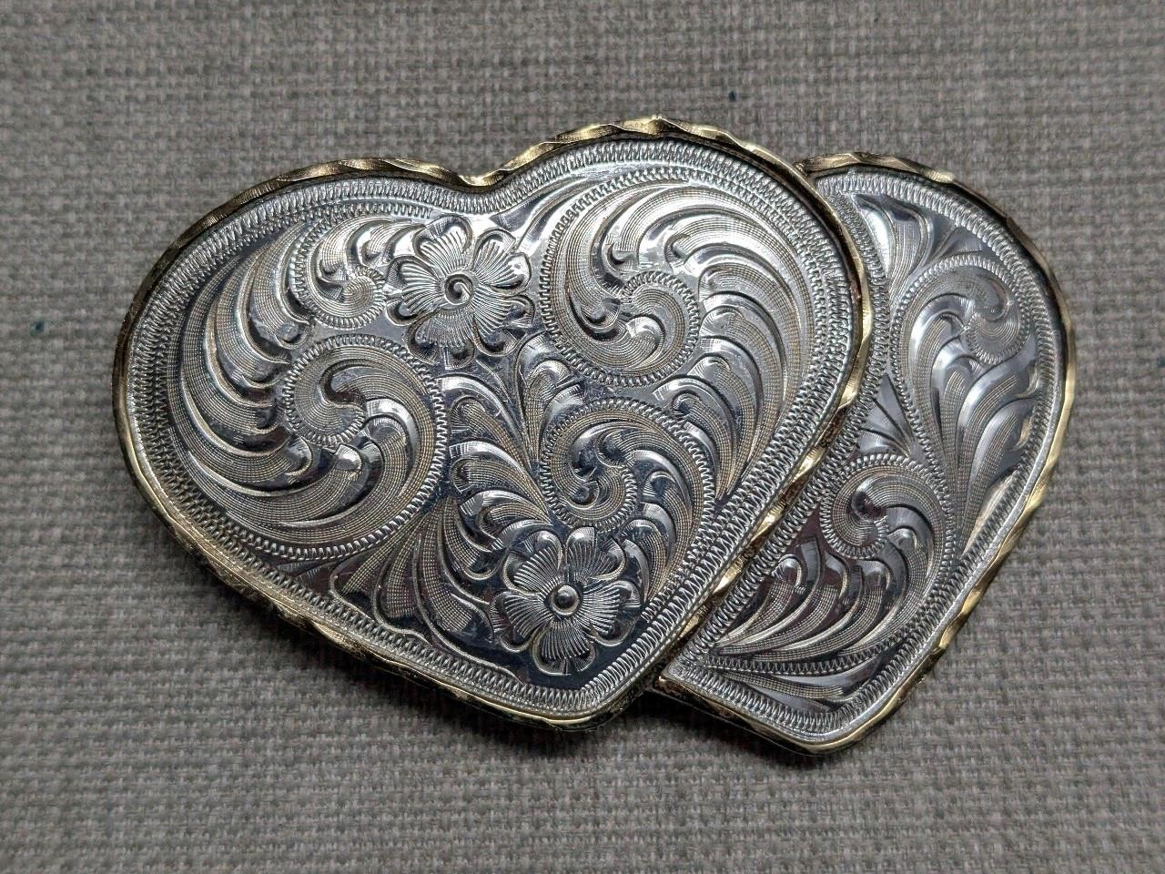 vintage DOUBLE HEARTS belt buckle WESTERN german silver ALPACA cowboy rodeo