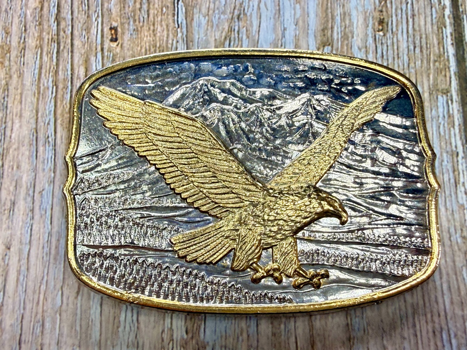 Flying Eagle Spreading Wings over the Mountain Scene Vintage Belt Buckle