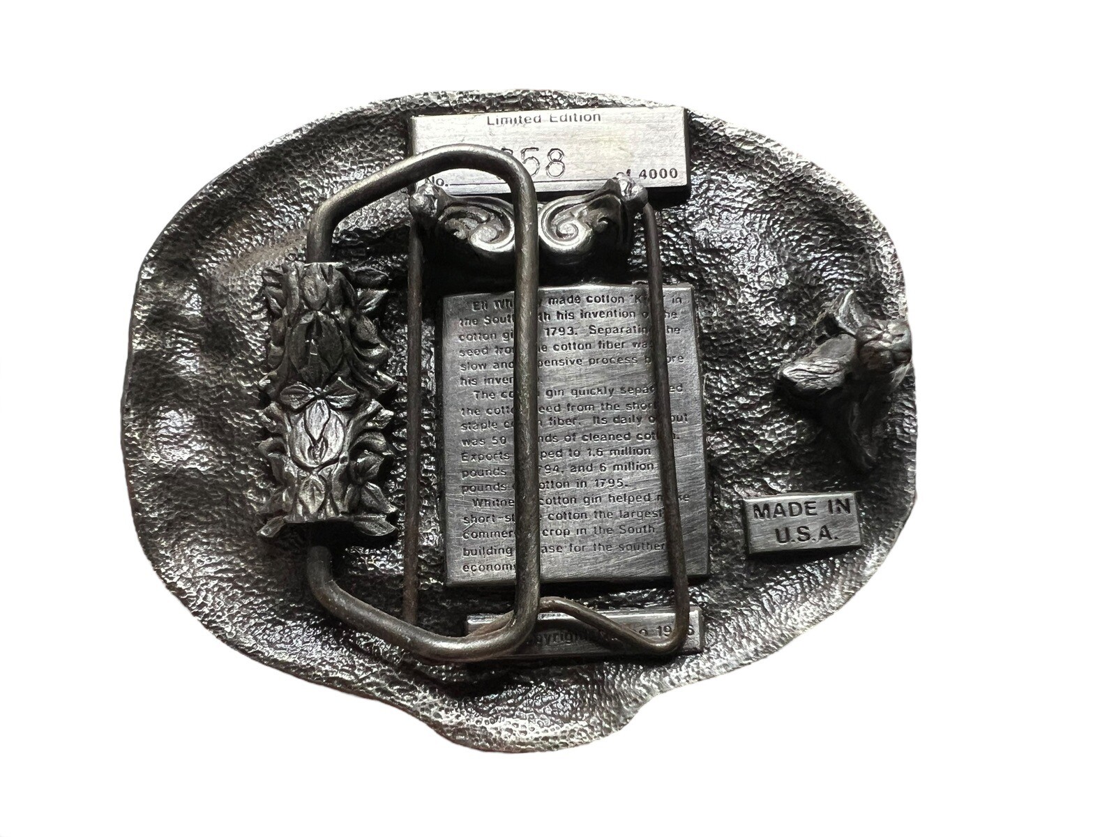 Vtg 1986 Nasco Eli Whitney Cast Iron Growing Of America Belt Buckle #258