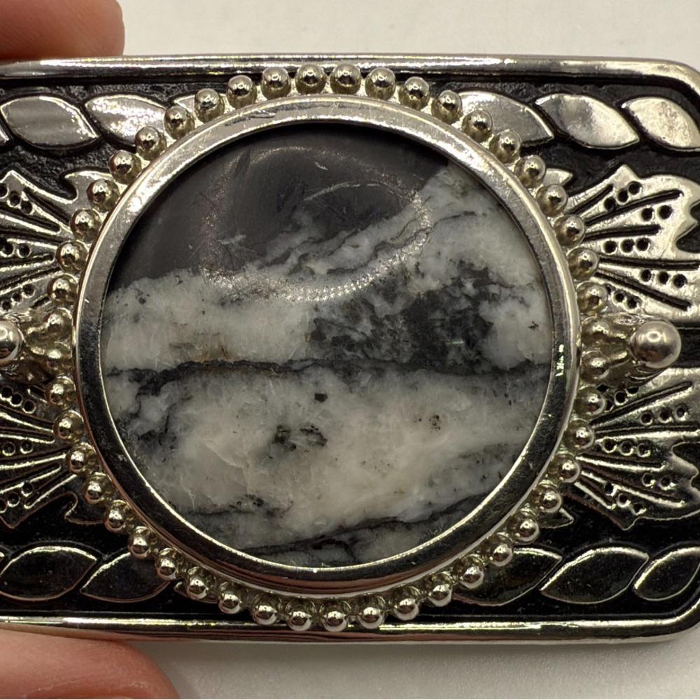 Vintage Silver Tone Black Belt Buckle Marble Stone Design Western Engraved