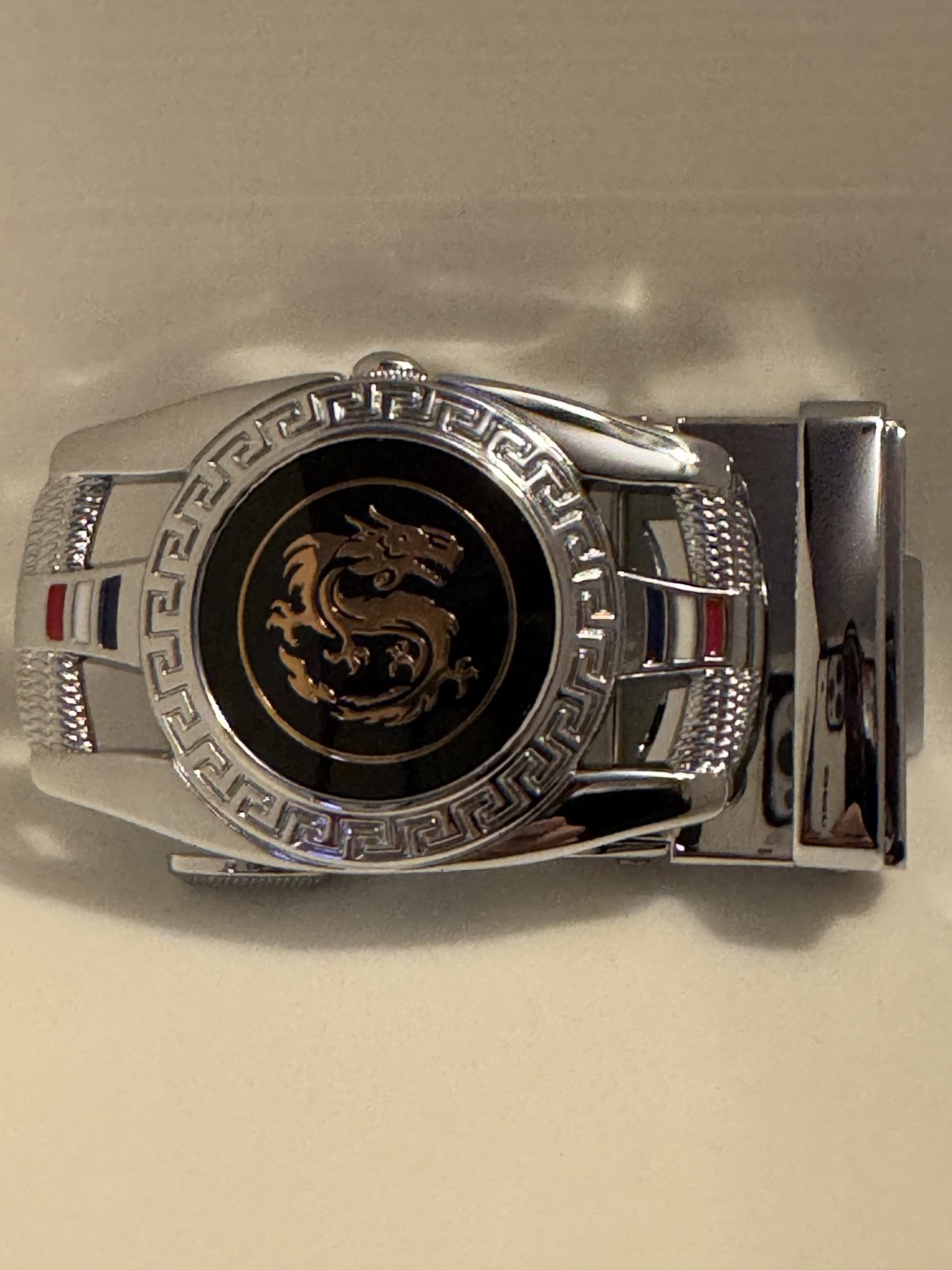 Dragon Automatic Ratchet Belt Buckle Silver Tone Black Enamel Men’s