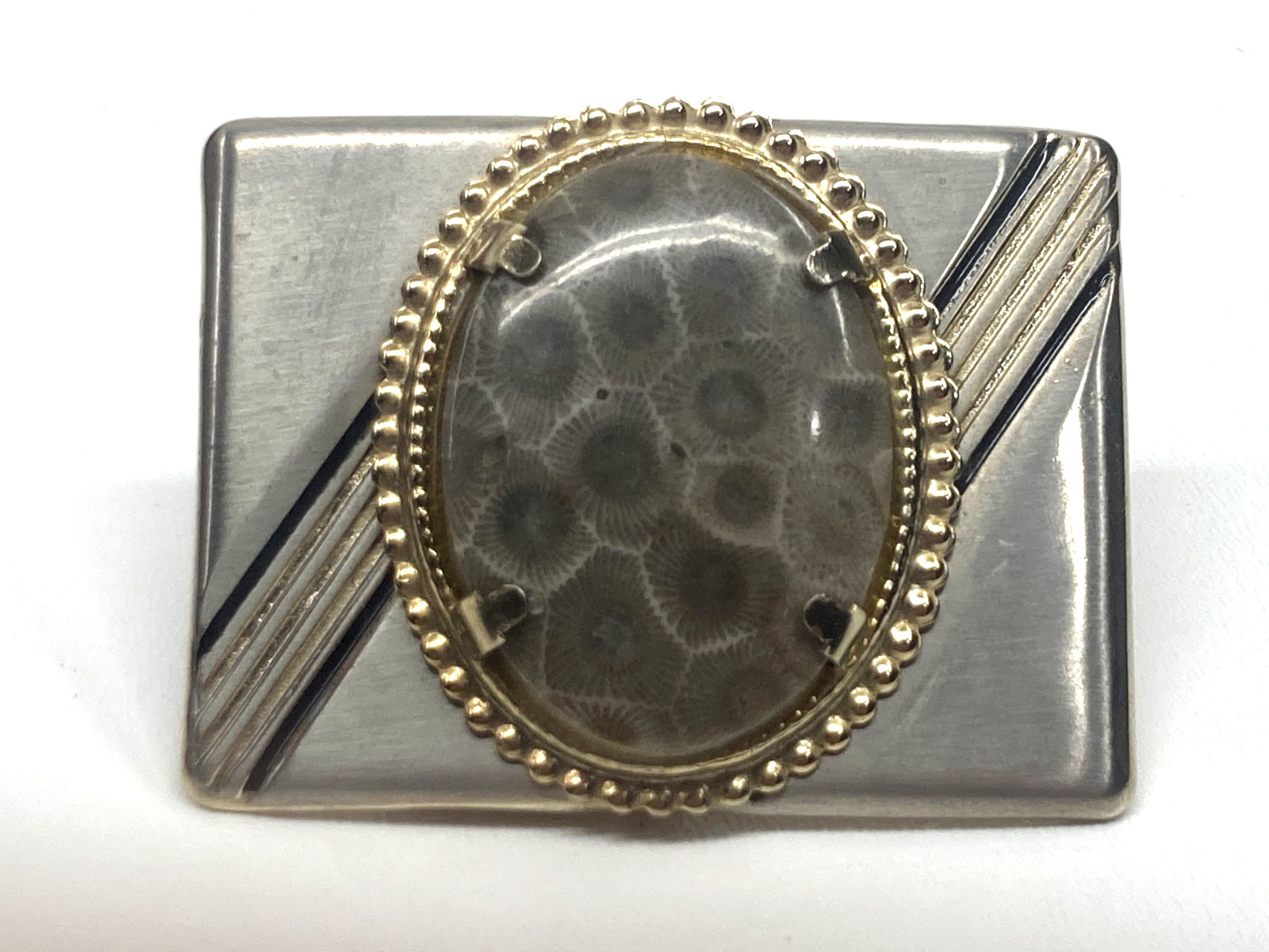 Vintage MCM Polished Oval Petosky Stone Gold & Silver -Toned Belt Buckle