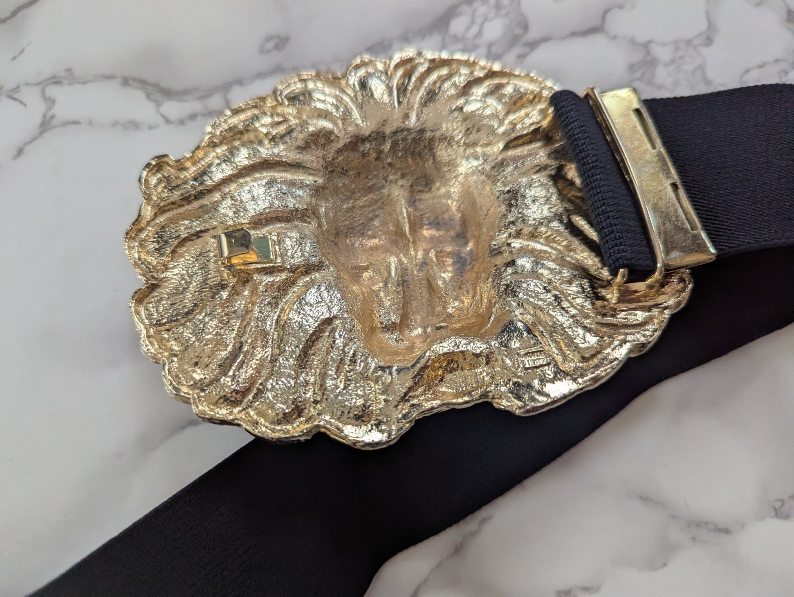 Vintage Lion Head Oversize Gold Metal Belt Buckle Elastic Fashion Belt 80&rsquo;s 90&rsquo;s