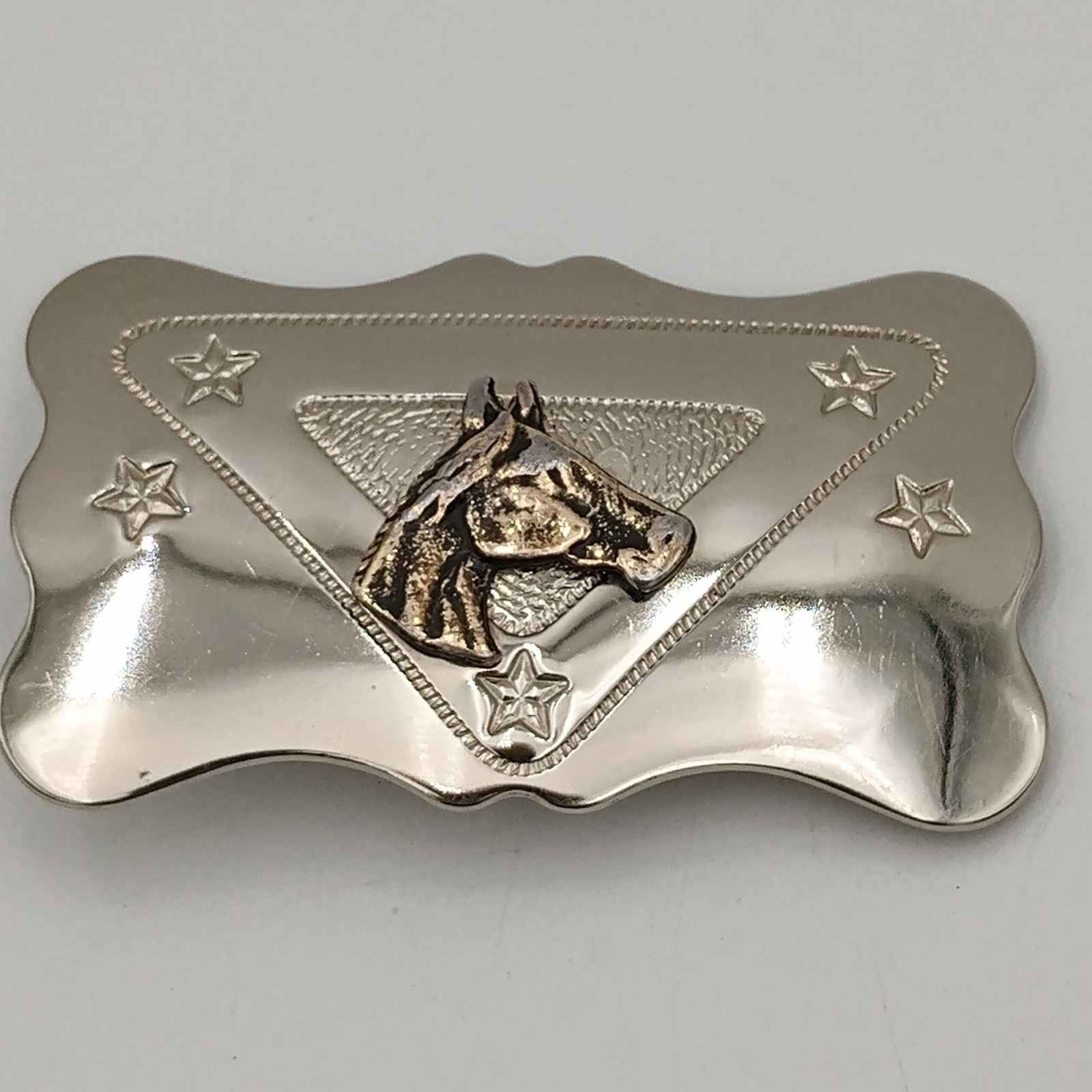 Chambers Belt Co Western Horse Head Belt Buckle Silver Gold Tone Stars USA Made