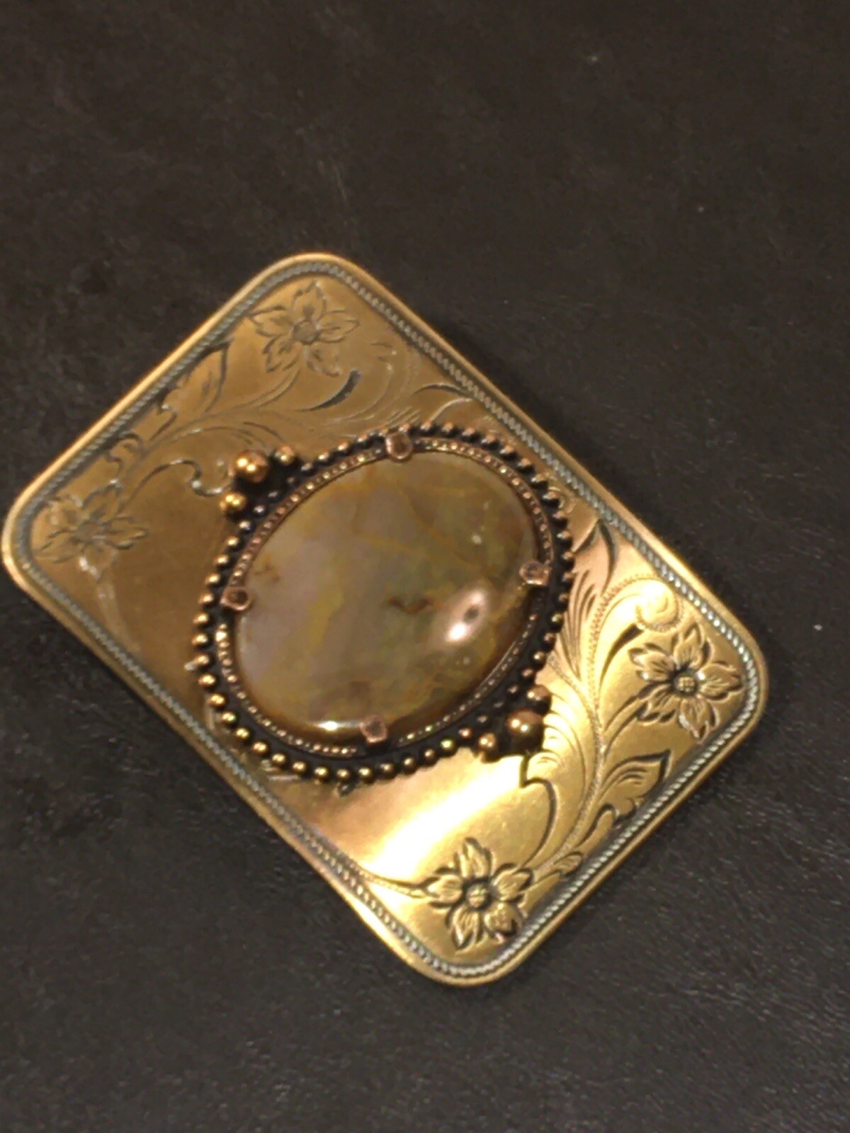 Vintage Brass Metal Belt Buckle Gemstone Inlay western /rock /agate