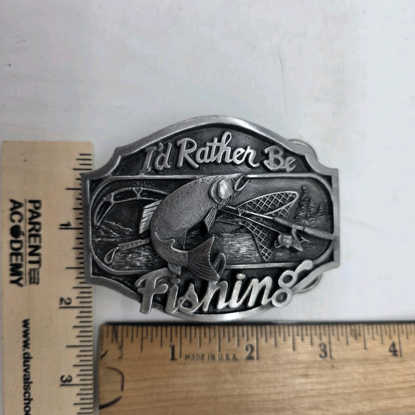 Vintage Arrow Creek I&rsquo;d Rather Be Fishing Belt Buckle Mens Silver Western Trout