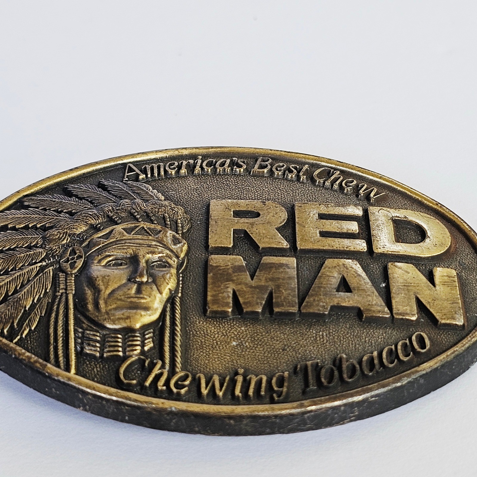 1988 Red Man Chewing Tobacco Belt Buckle Oval Brass Tone Western Americana Vtg