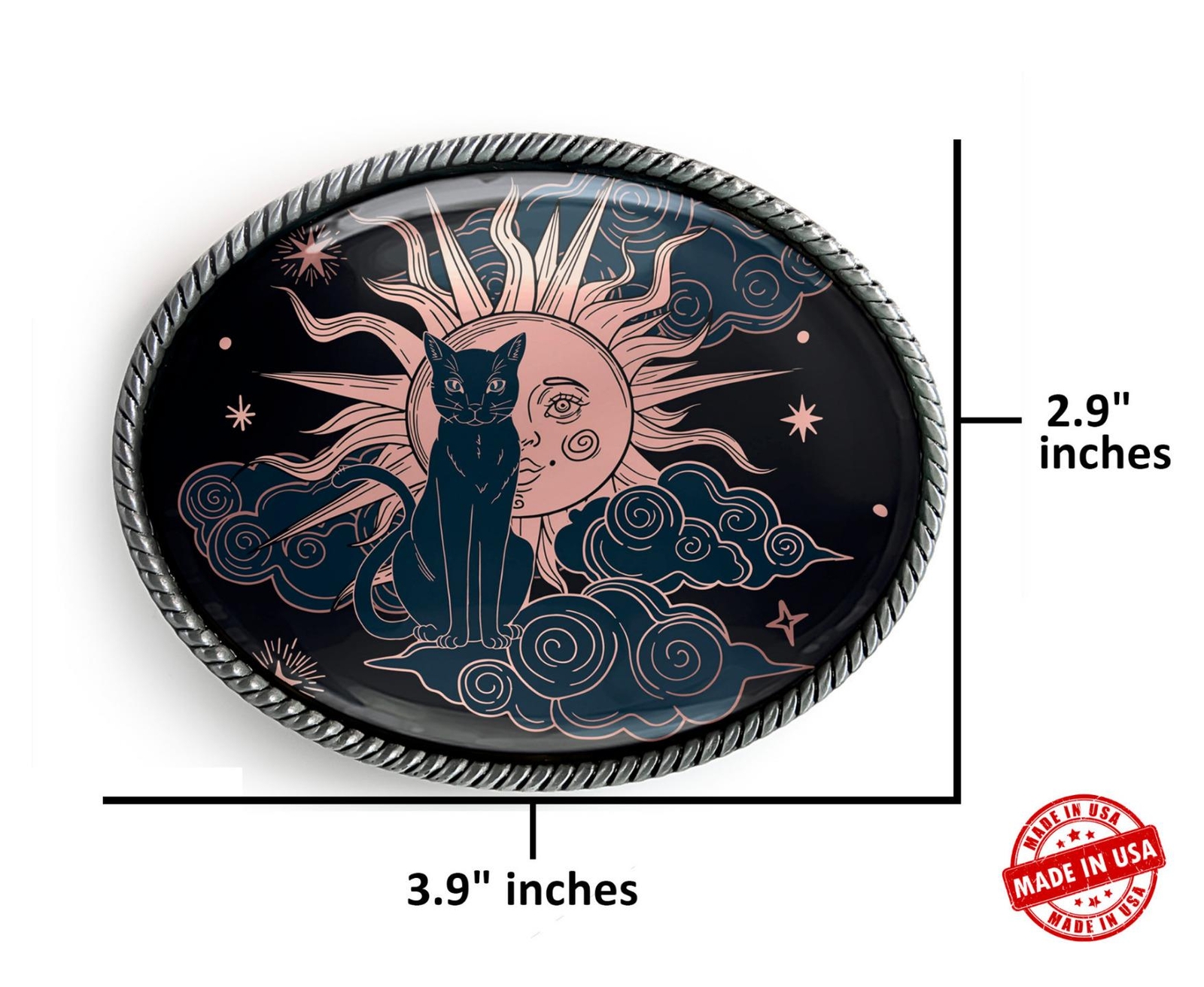 Mystic Cat Belt Buckle – Dark Celestial Sun & Stars Handmade Silver Buckle – 19