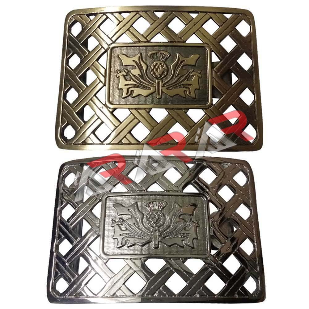 Highland Scottish Kilt Belt Buckle Latice Thistle Design Antique/Chrome Finish