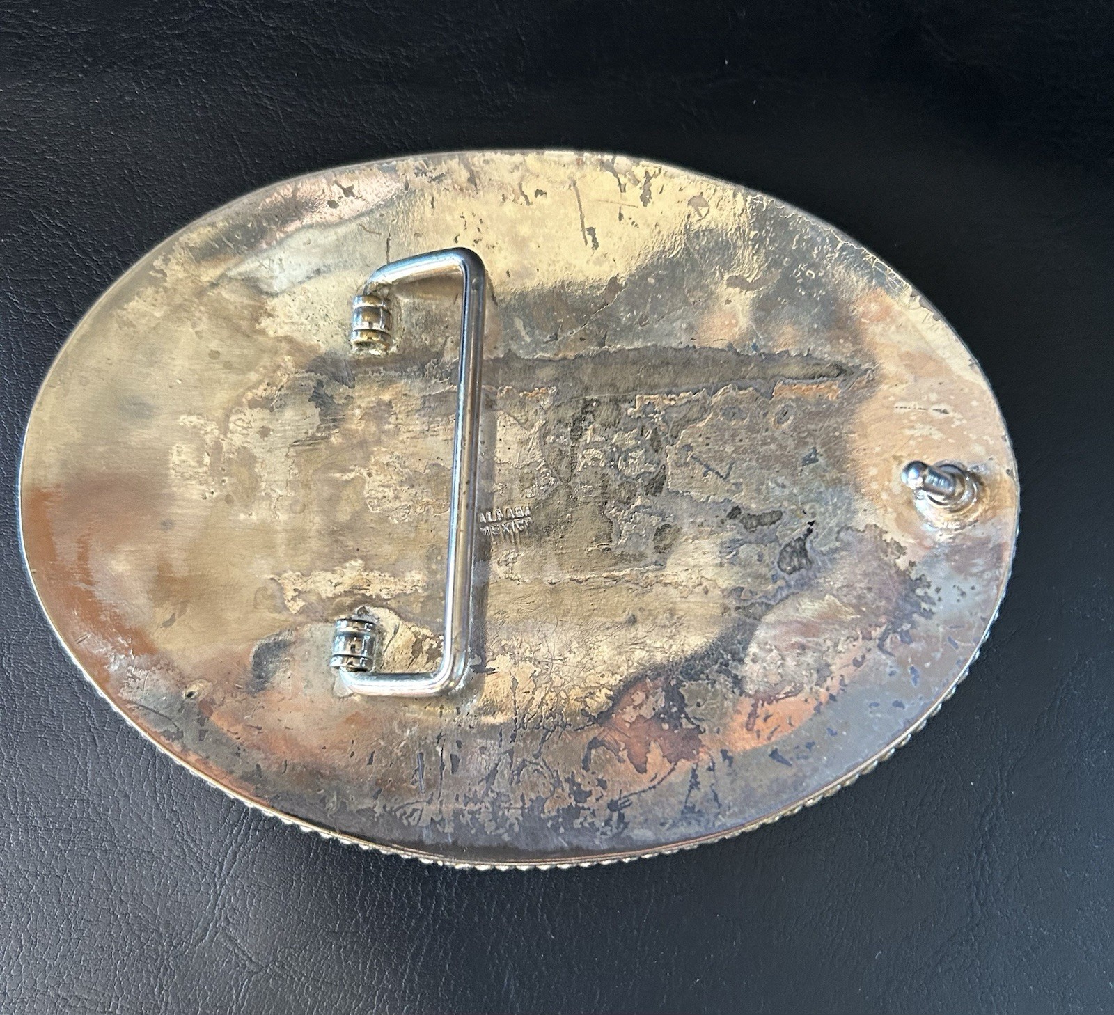 Vintage Alpaca Mexico Belt Buckle Three Horse Heads Western Filigree