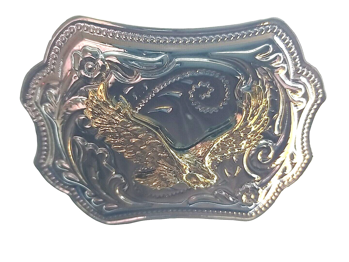 FLYING EAGLE Belt BUCKLE Gold on Silver Rectangular Metal Western/Biker/USA