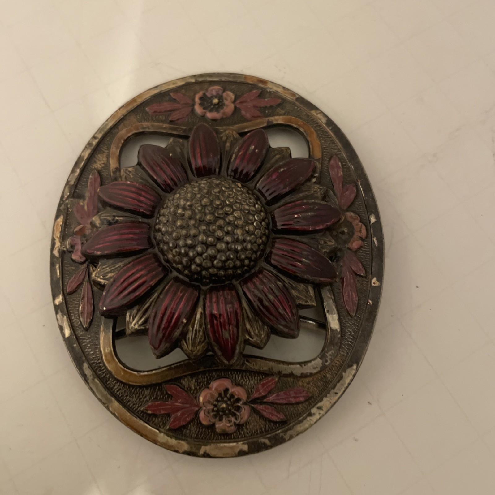 Vintage Flower Oval Belt Buckle – Stamped –