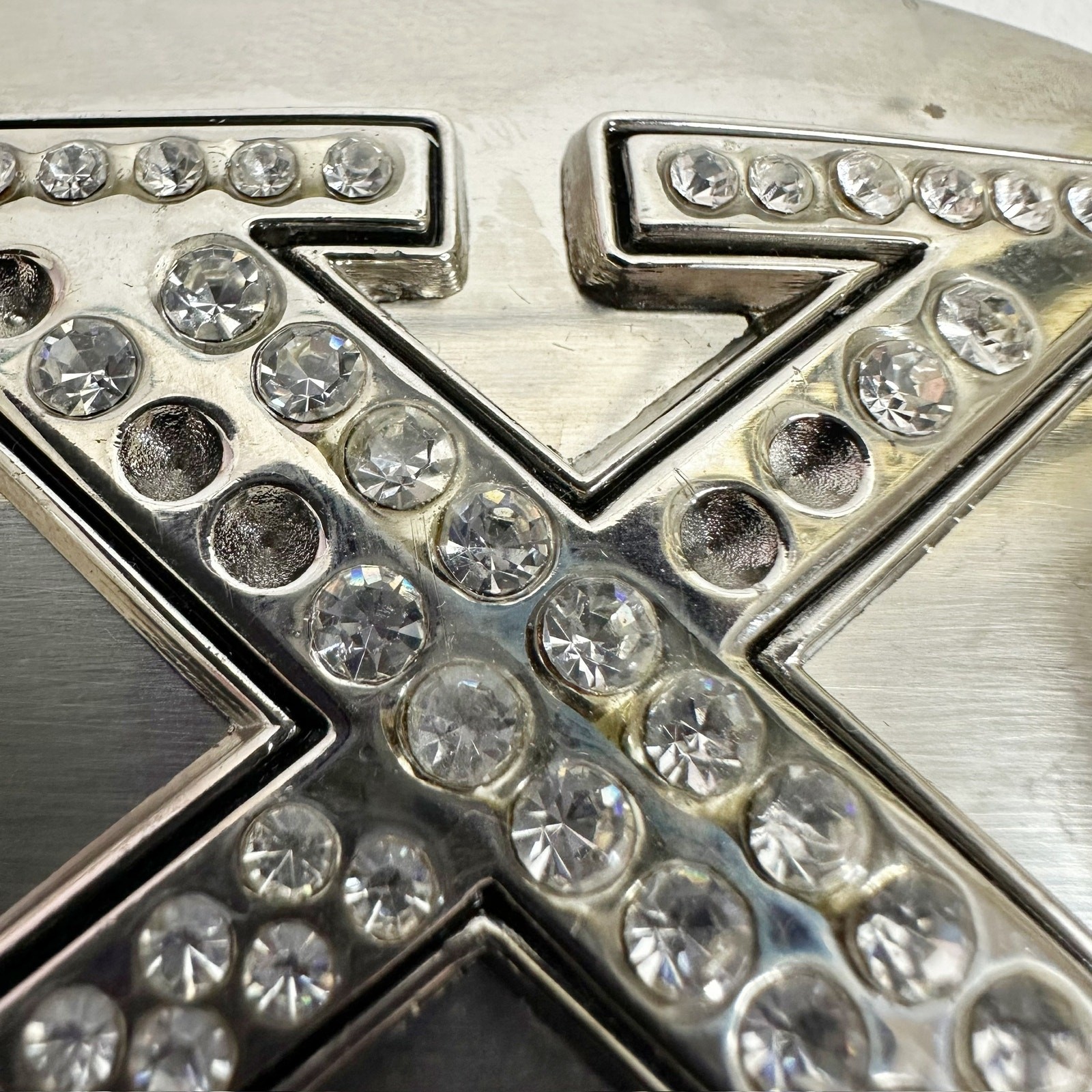 Rhinestone Studded X Letter Initial Monogram Silver Tone Belt Buckle