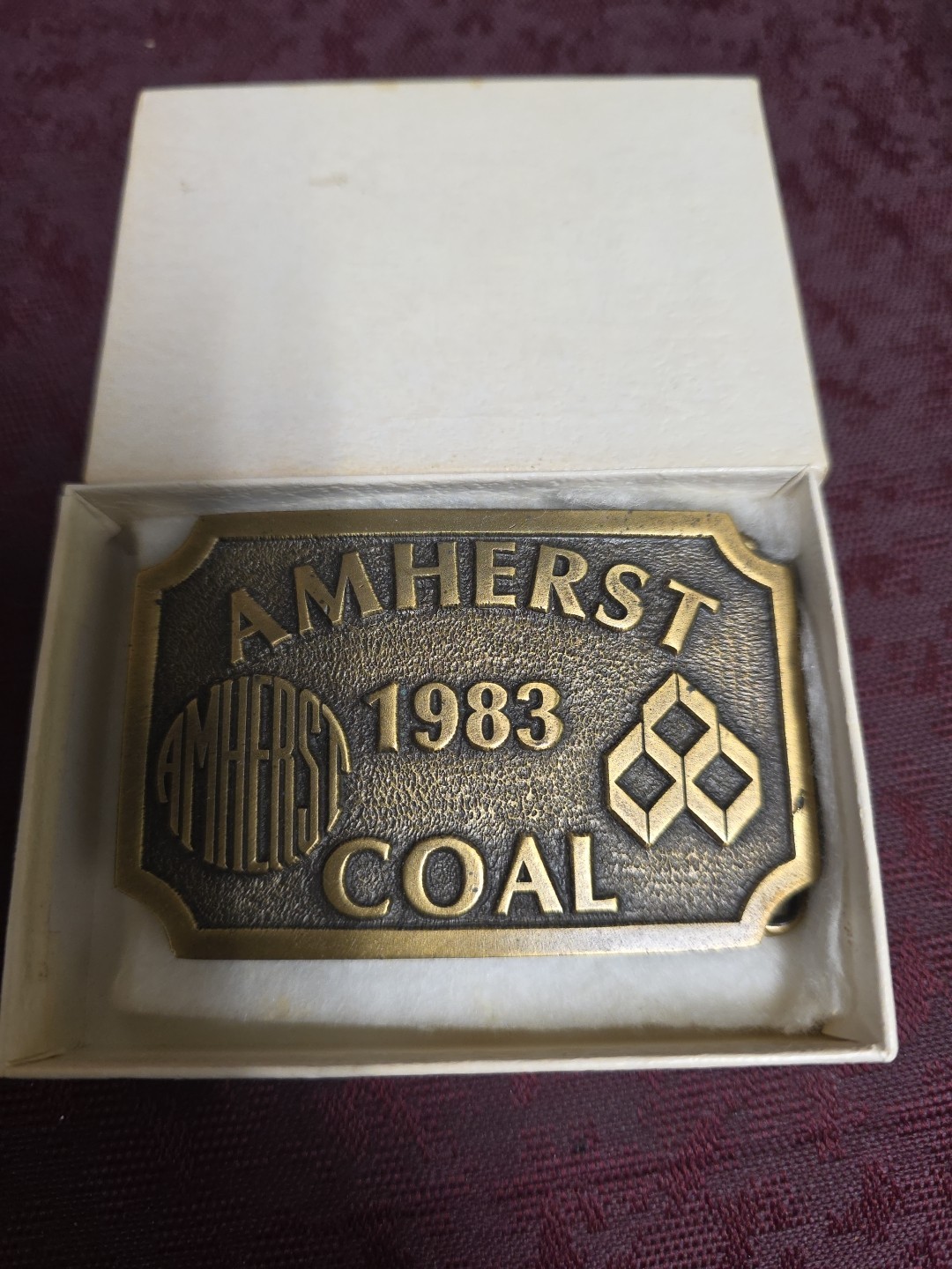 VINTAGE AMHERST COAL COMPANY UNITED MINE WORKERS BELT BUCKLE W/Box Logan, WV