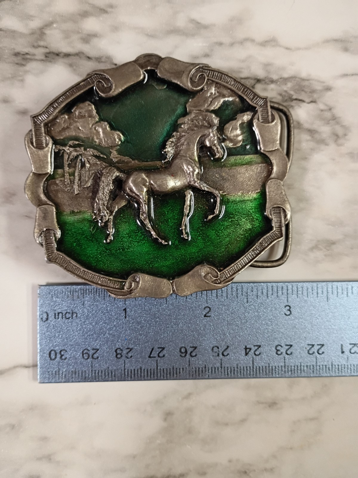 1976 Bergamot Brass Works Horse Western Belt Buckle Silver/Green 3inch