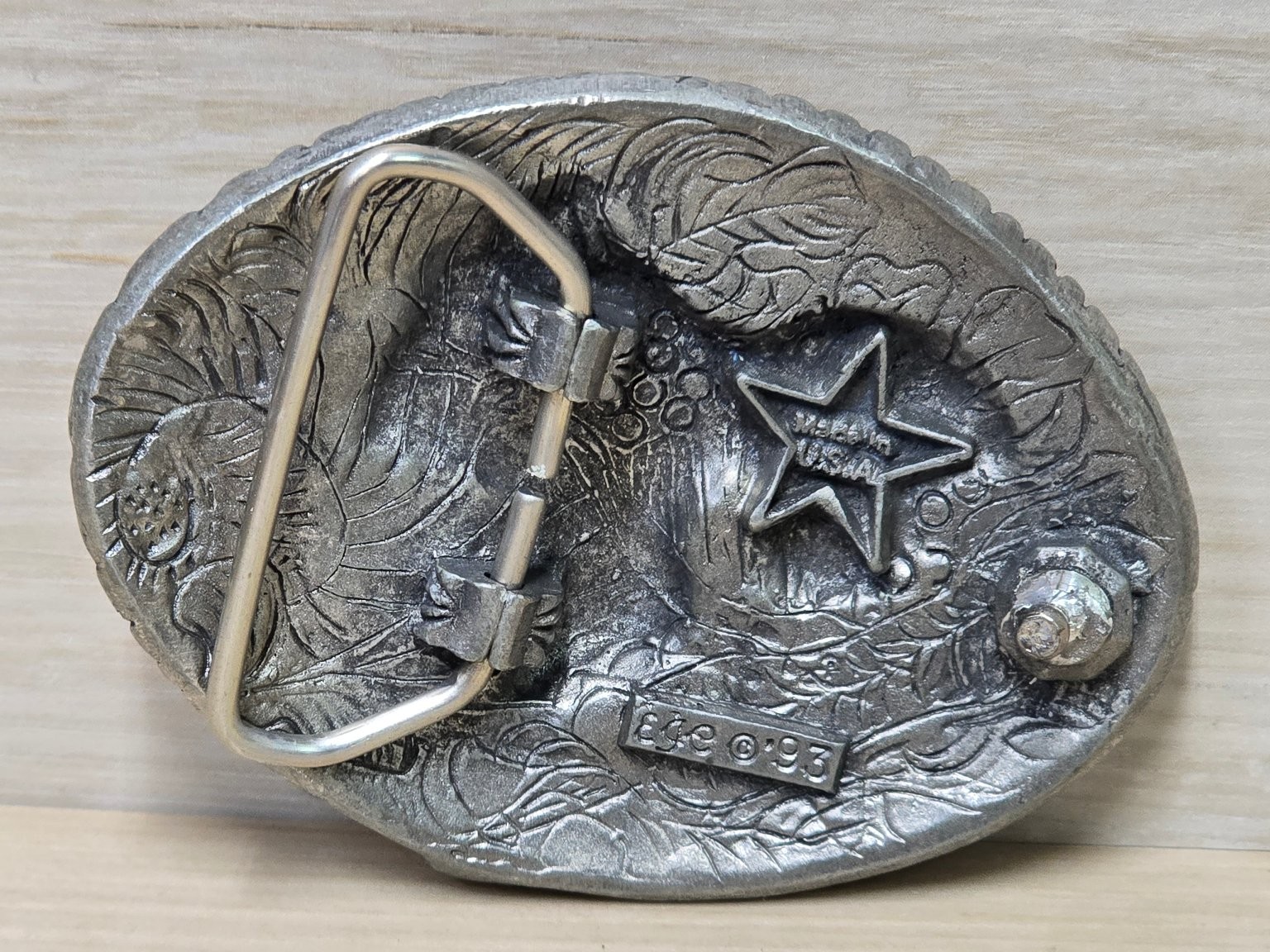 Vintage EGE Belt Buckle Silver Tone Western Saddle Engraved 3.5&Prime; Made in USA