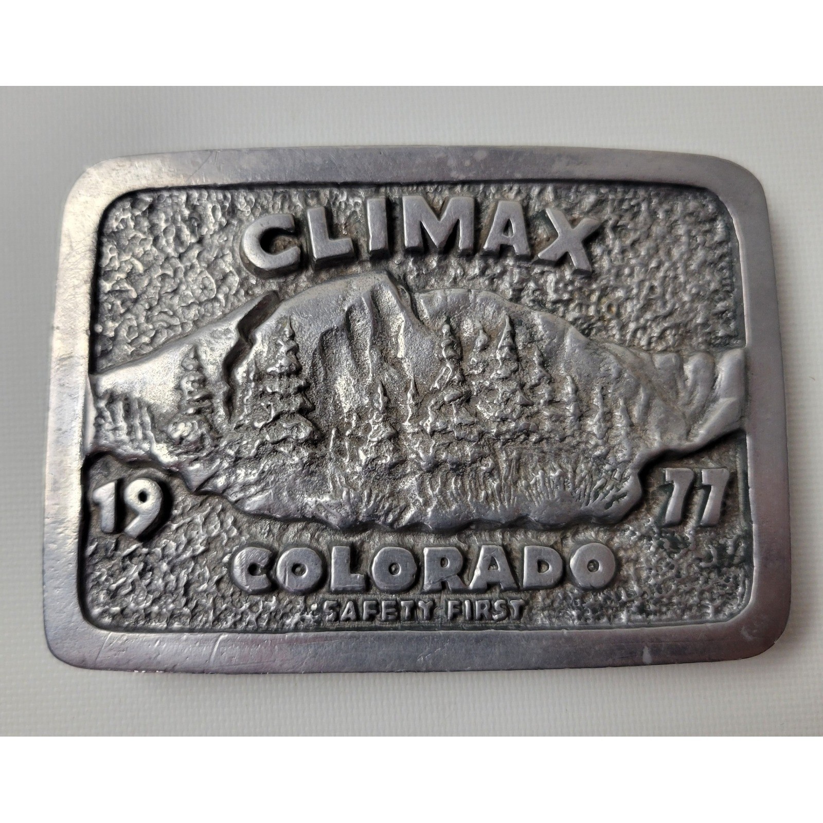 Vintage 1977 Climax Colorado Safety First Mining Belt Buckle Silver Tone Metal