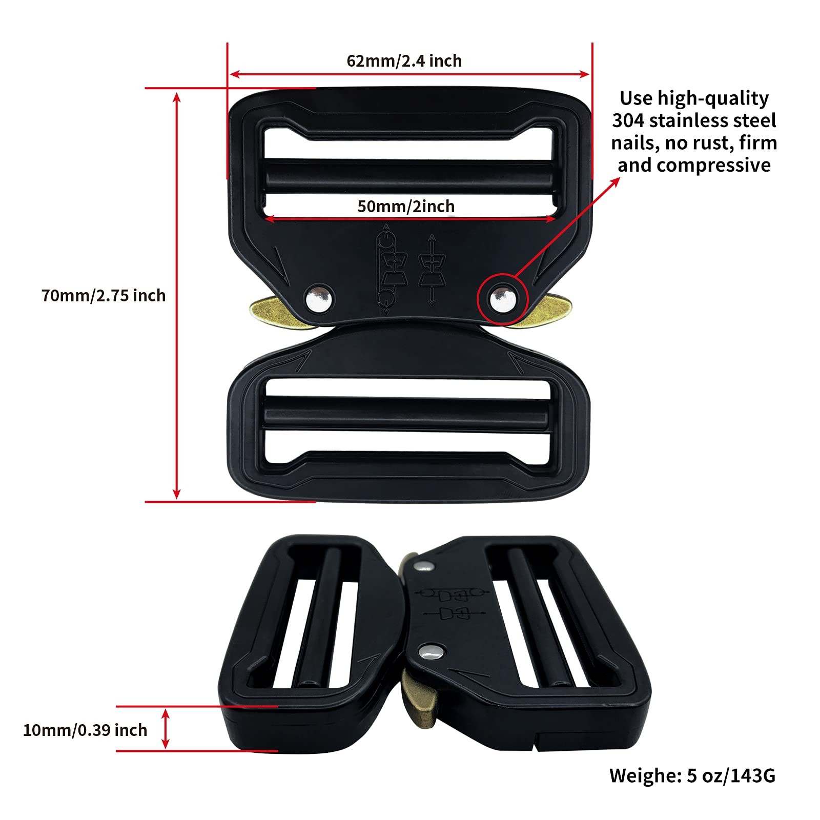 TXZWJZ Metal Buckle Dual Adjustable Tactical Belt 2inch(50mm), Black