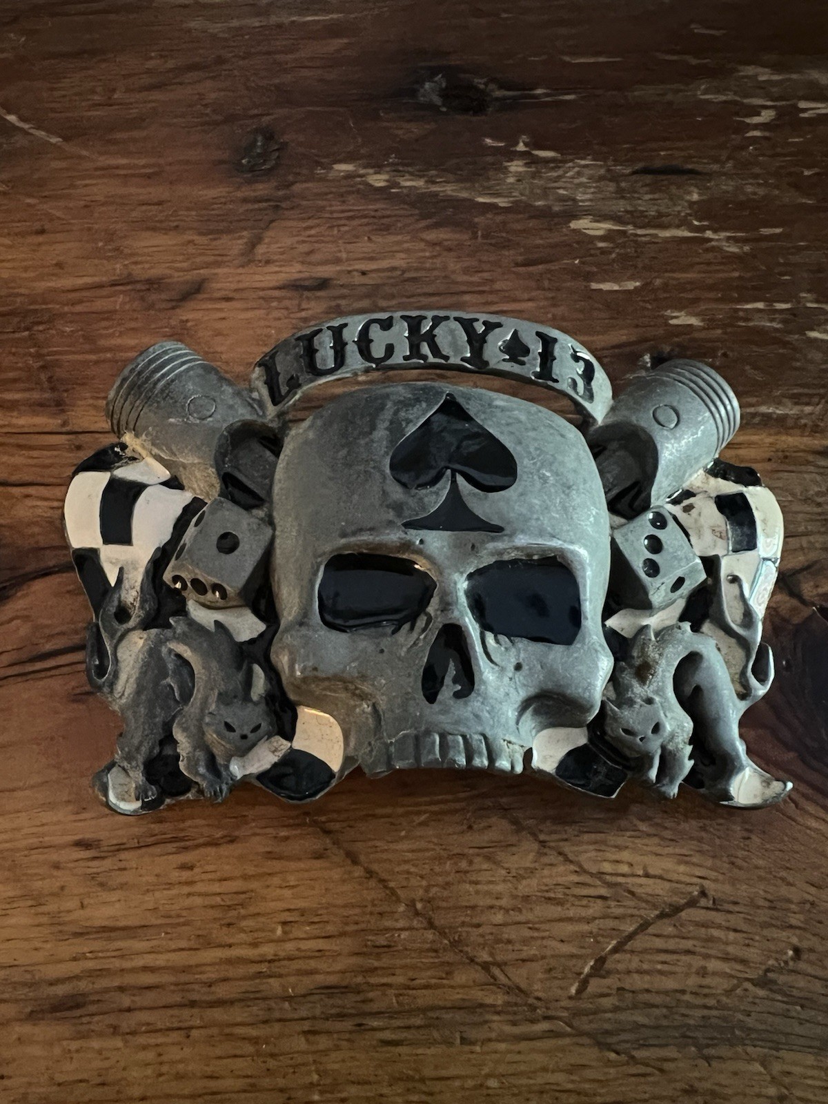 Lucky 13 Apparel Skull Zippo Lighter Holder Belt Buckle 2003 W/ A Lighter BOLD
