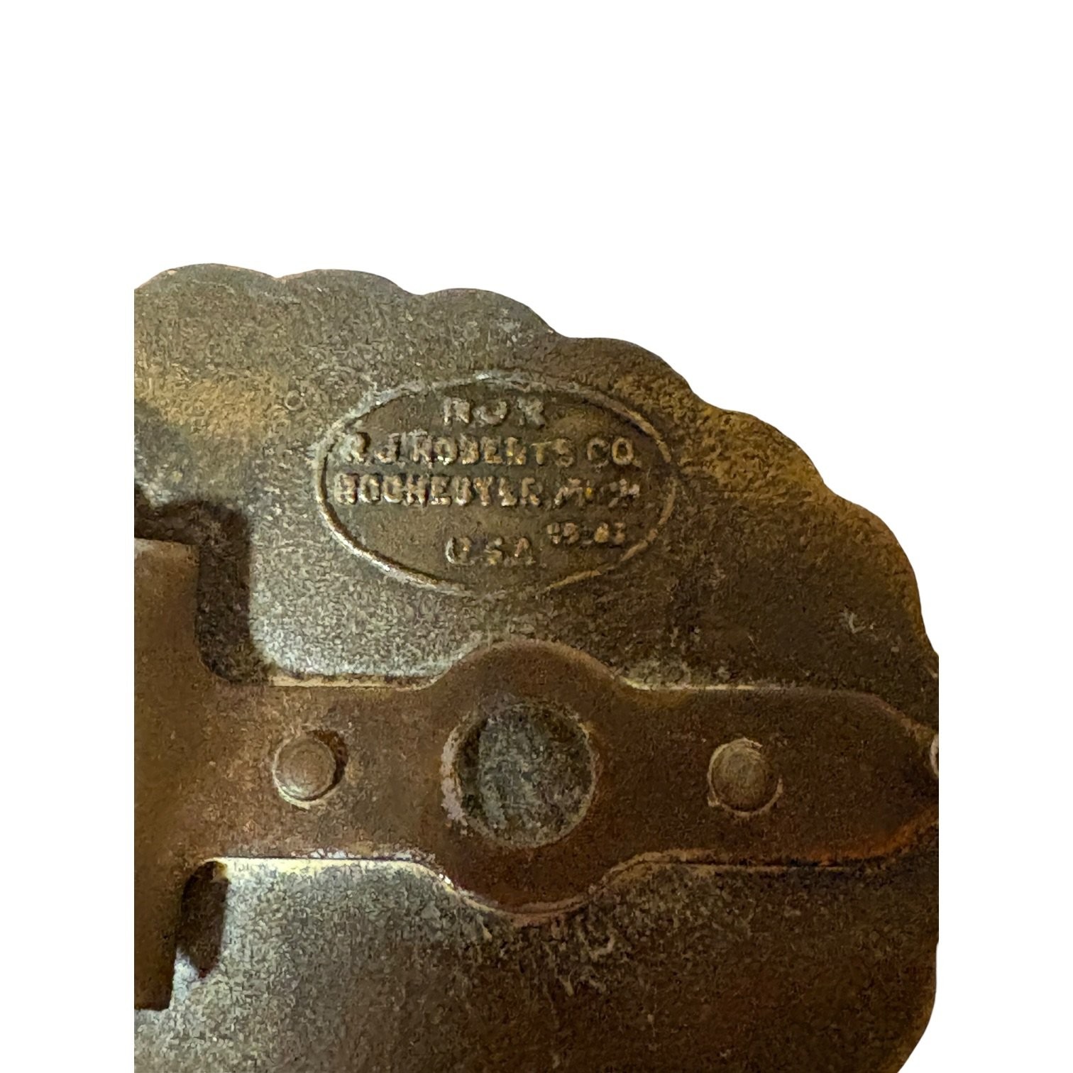 R.J. Roberts Chevrolet Co. Belt Buckle Eagle Olympic Rings Brass Red Enamel
