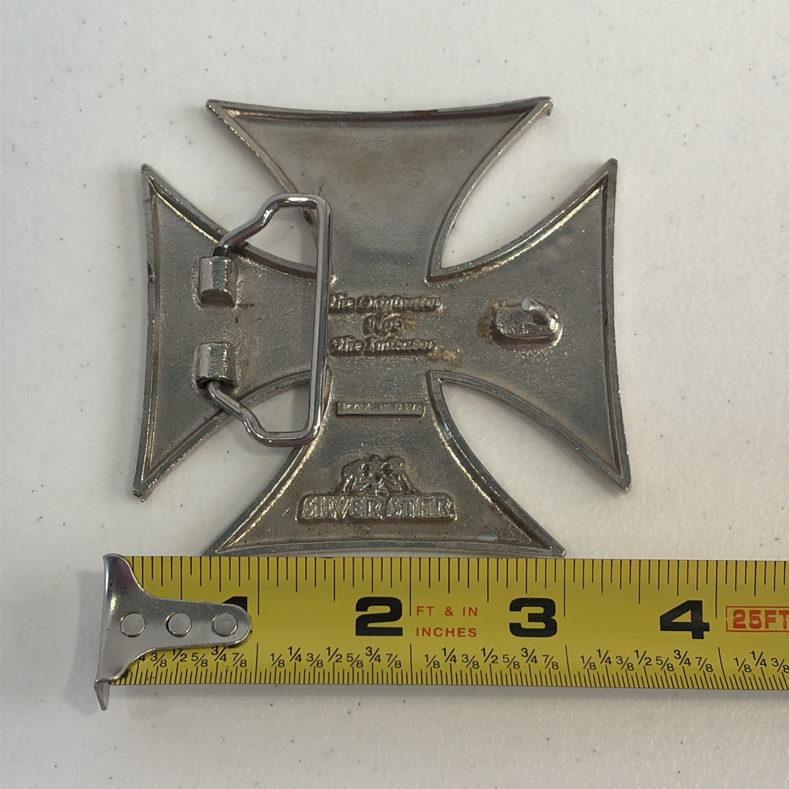 Silver Star Iron Cross Belt Buckle Silver Tone Made In USA Goth Grunge Moto FAIR