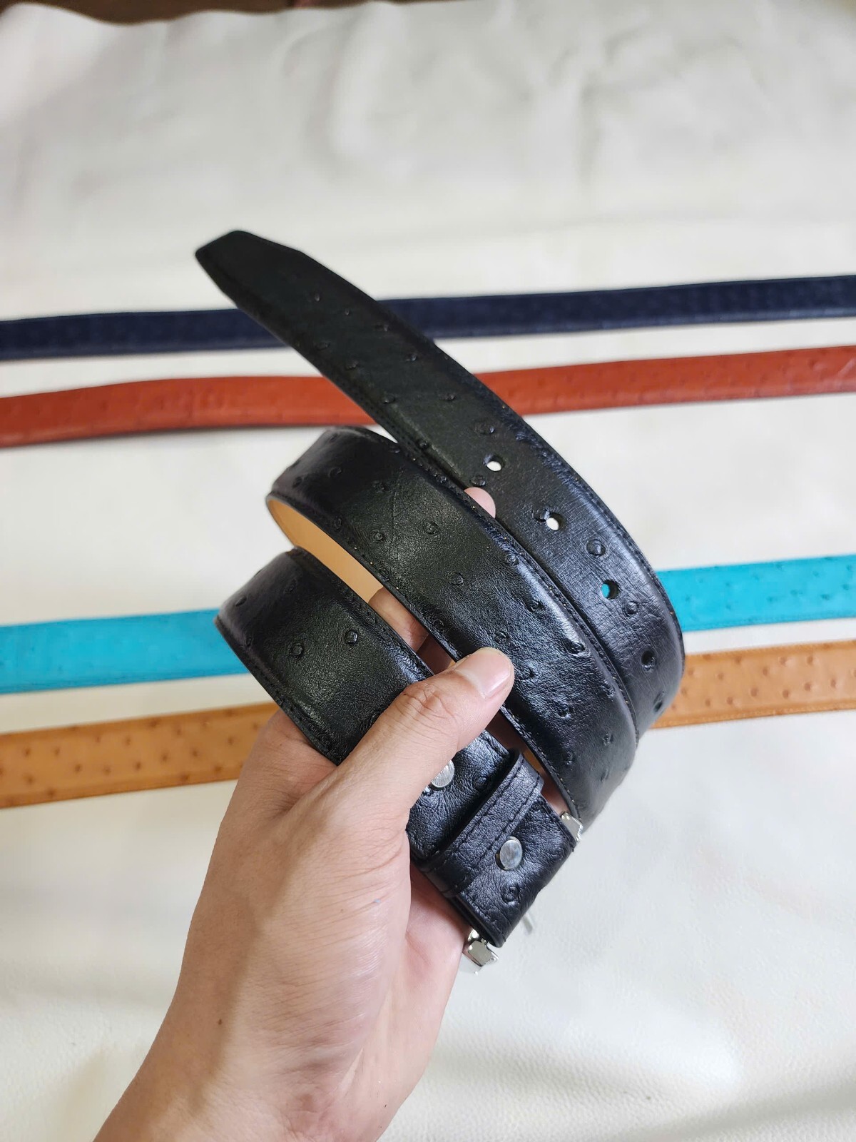 3.8CM Black 100% Genuine Body Ostrich Leather Skin Mens Belt Buckle- Handmade