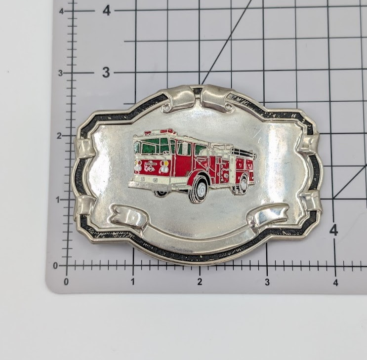 VTG Fire Truck Belt Buckle Silver Tone Red White Enamel Firefighter Blank Scroll
