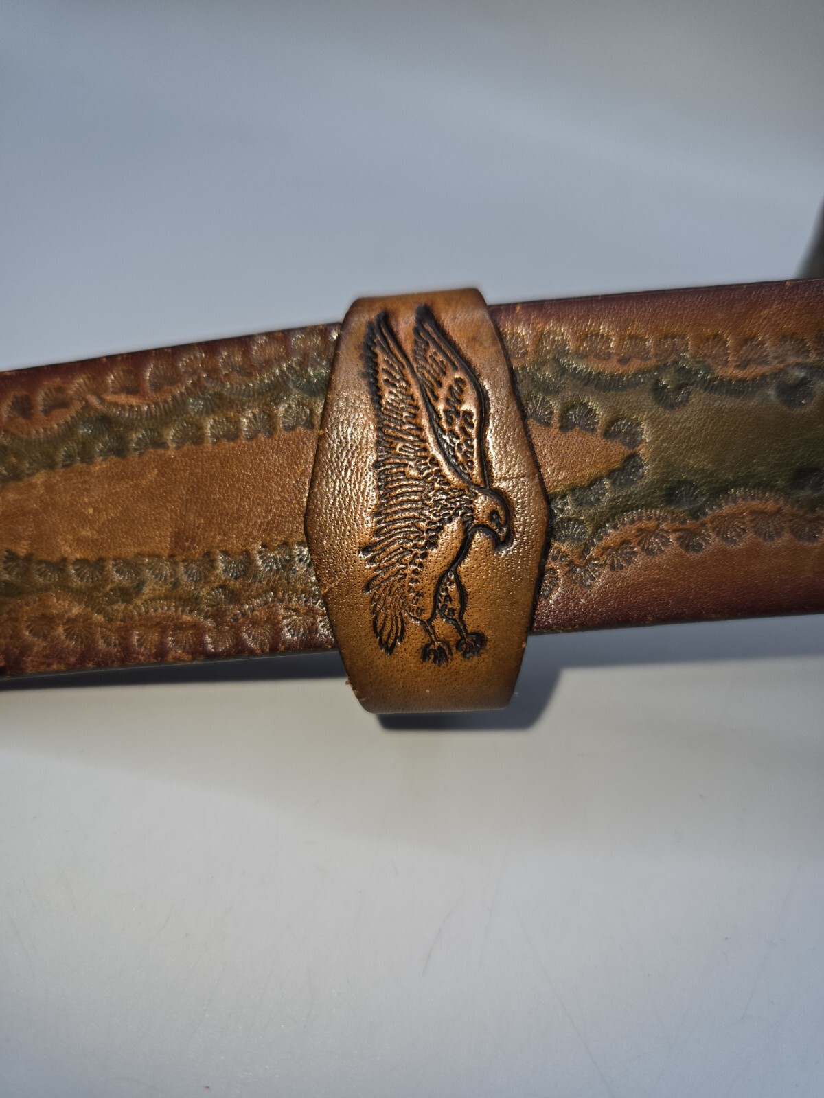 Vtg USA Embroidered Eagle Texas Cowhide Buckle/Leegin Tooled Leather Belt 36