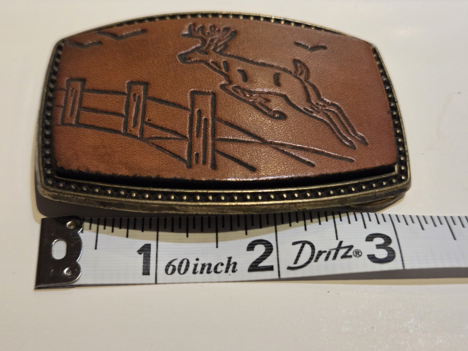 Alumaline Brass And Leather Vintage Belt Buckle Detailed Embossed Jumping Deer