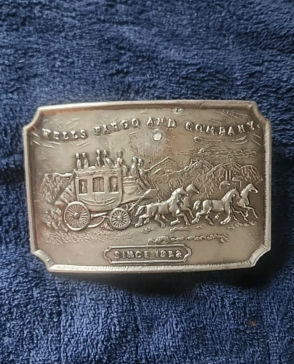 Vintage 1973 Wells Fargo & Company Belt Buckle Silver Plated Tone Since 1852
