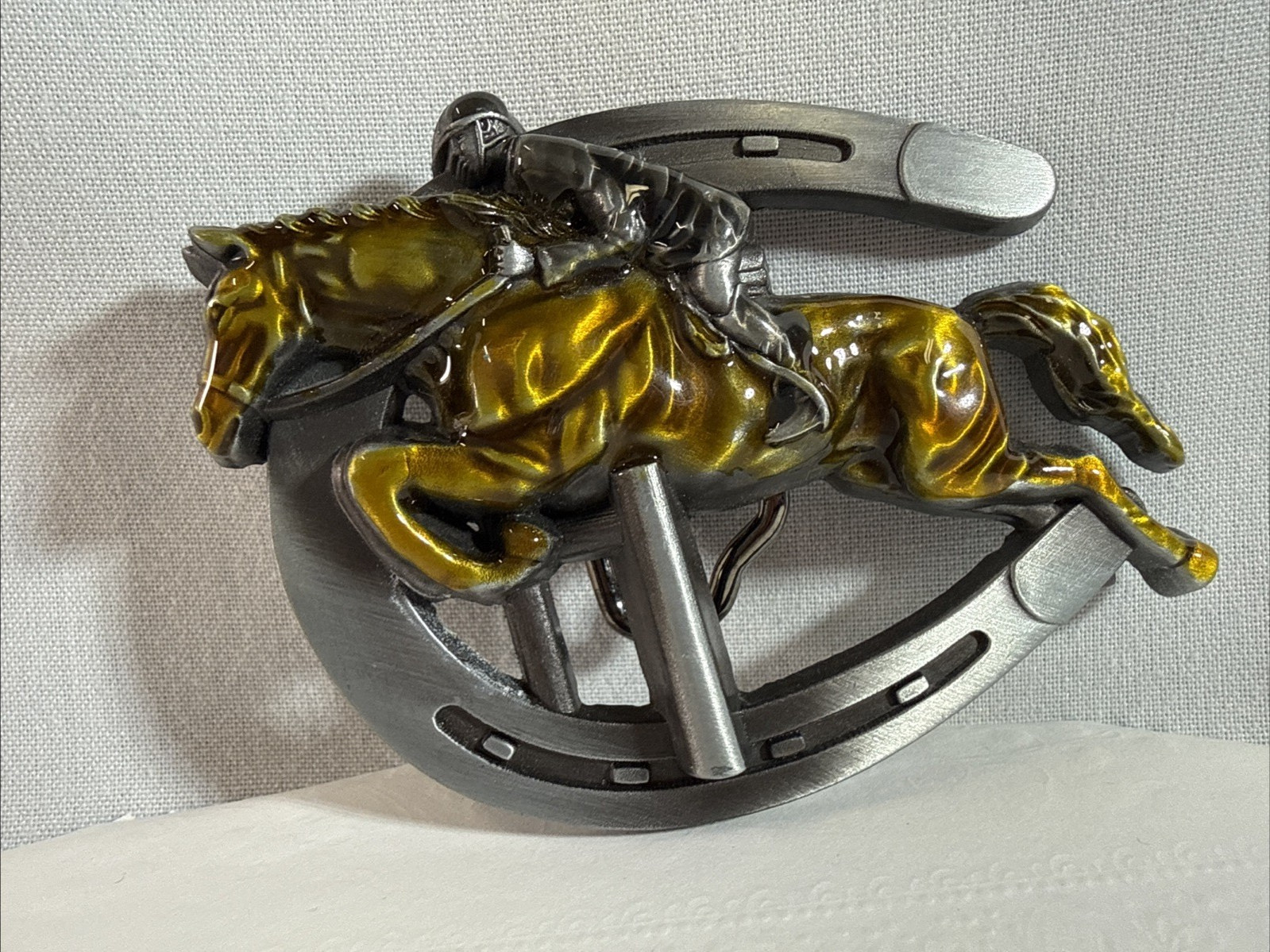 Metal Finish Belt Buckle with Horseshoe and Riding Jockey