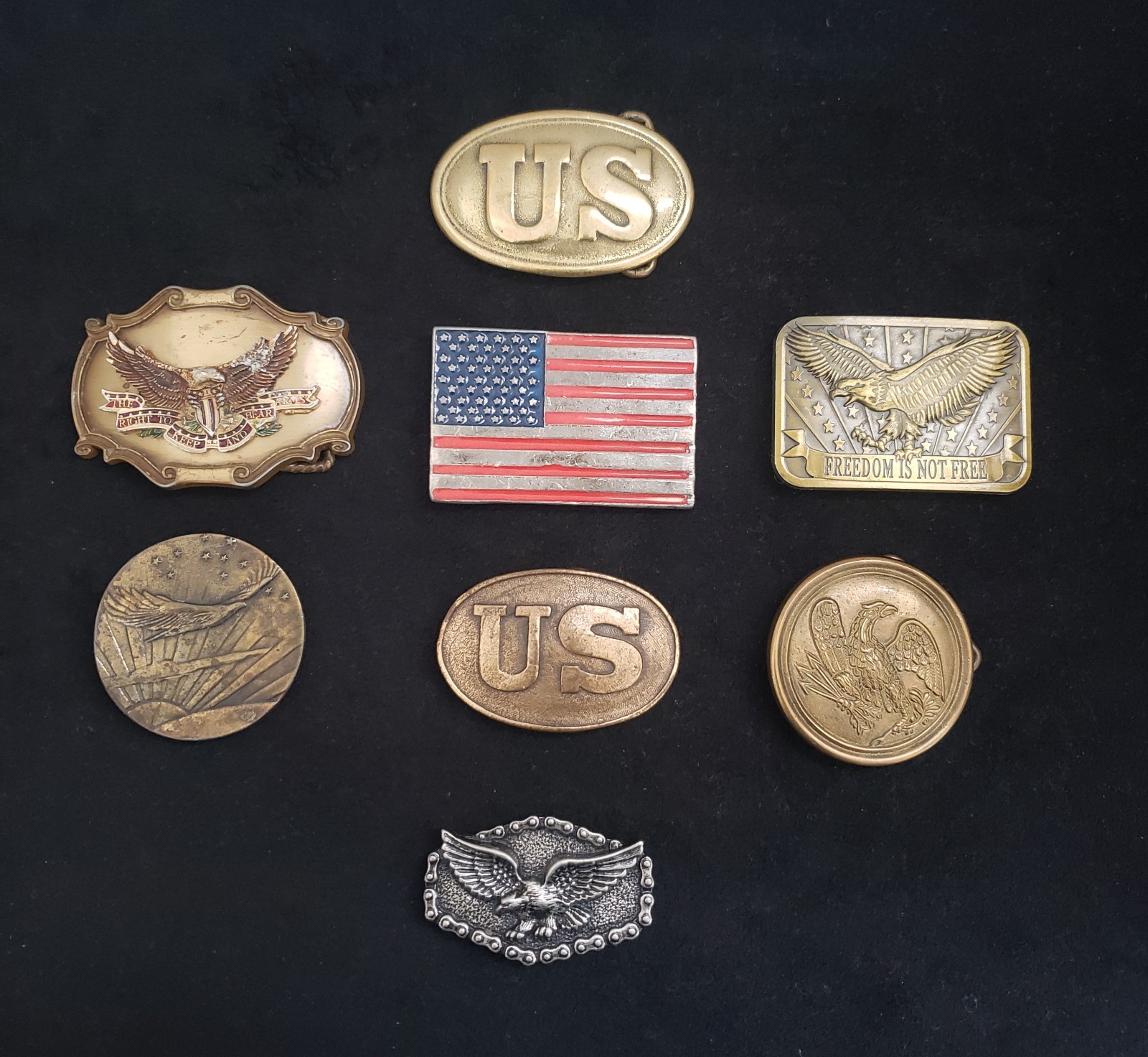 8 Vintage USA Patriotic Belt Buckles American Flag Soaring Eagle 2nd Amendment