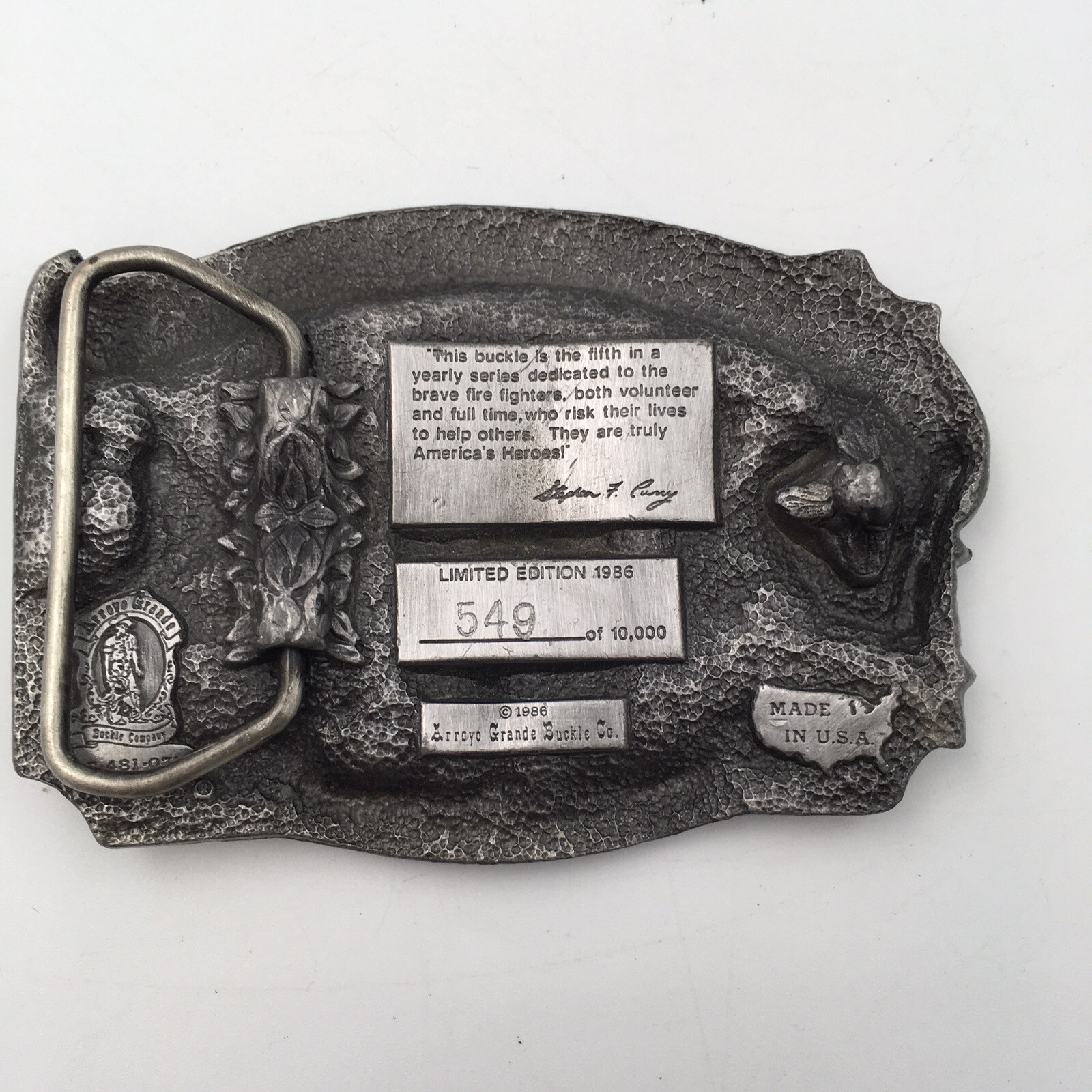 1986 American Fire Fighter Commemorative Belt Buckle #549/5000 Made In the US