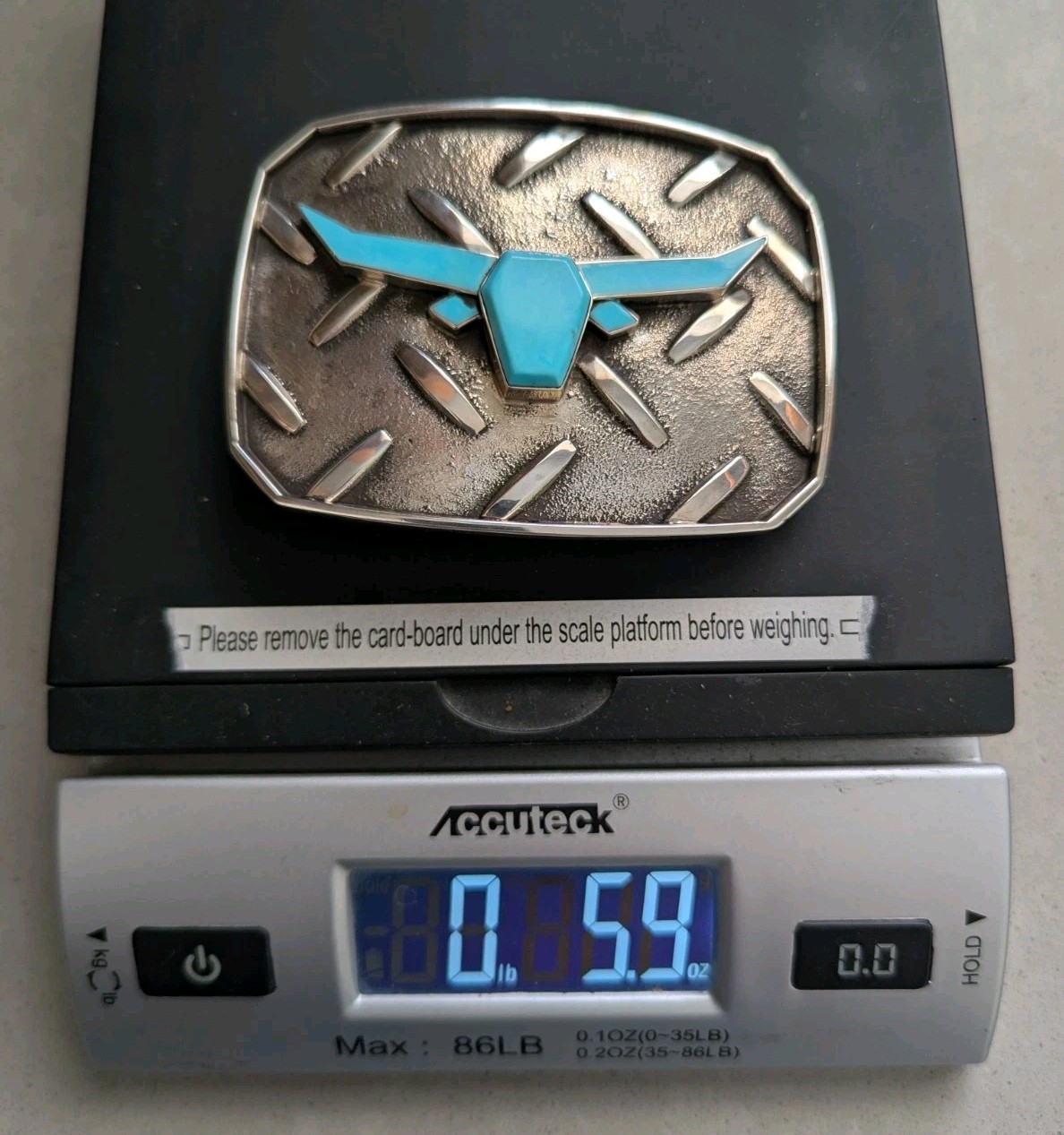 Douglas Magnus Santa Fe Turquoise Longhorn Sterling Diamond Plate Trophy Buckle