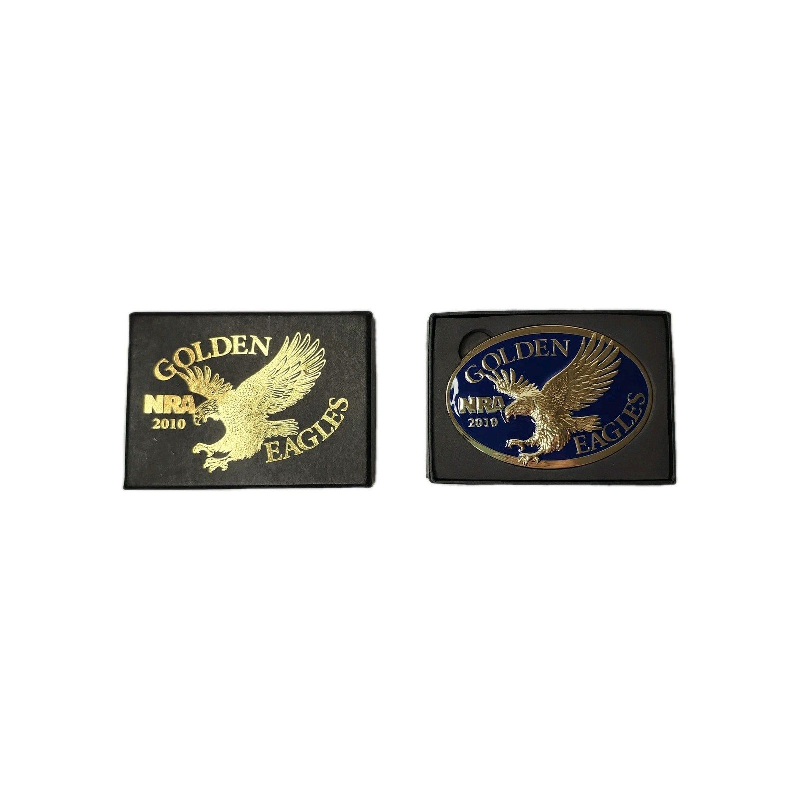 NRA Belt Buckle Golden Eagle 2010 Gold with Blue Background New in Original Box